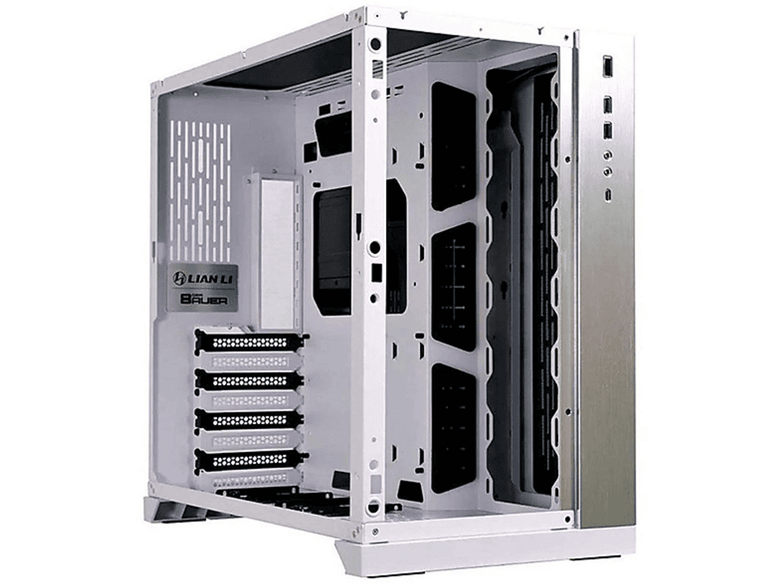 Pusta biała obudowa komputera z widocznymi elementami wewnętrznymi. Posiada srebrny panel boczny.