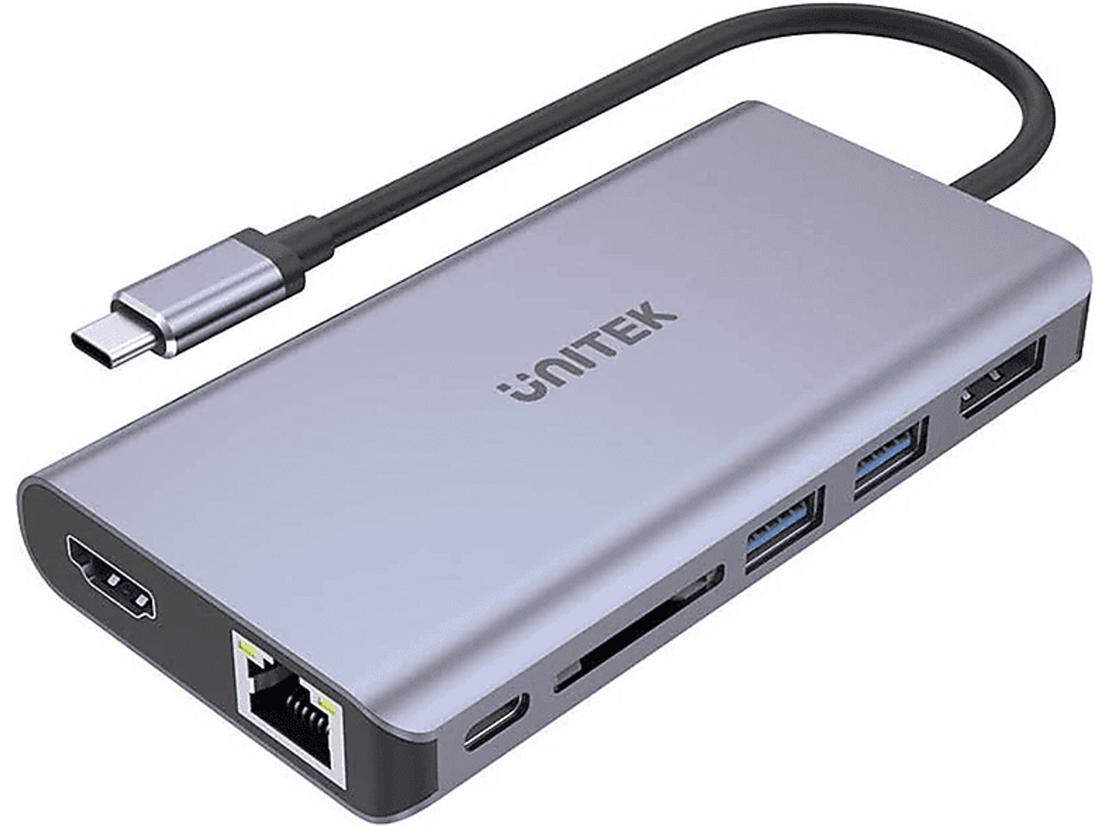 Grauer Unitek USB-Hub mit mehreren Anschlüssen und angeschlossenem Kabel.