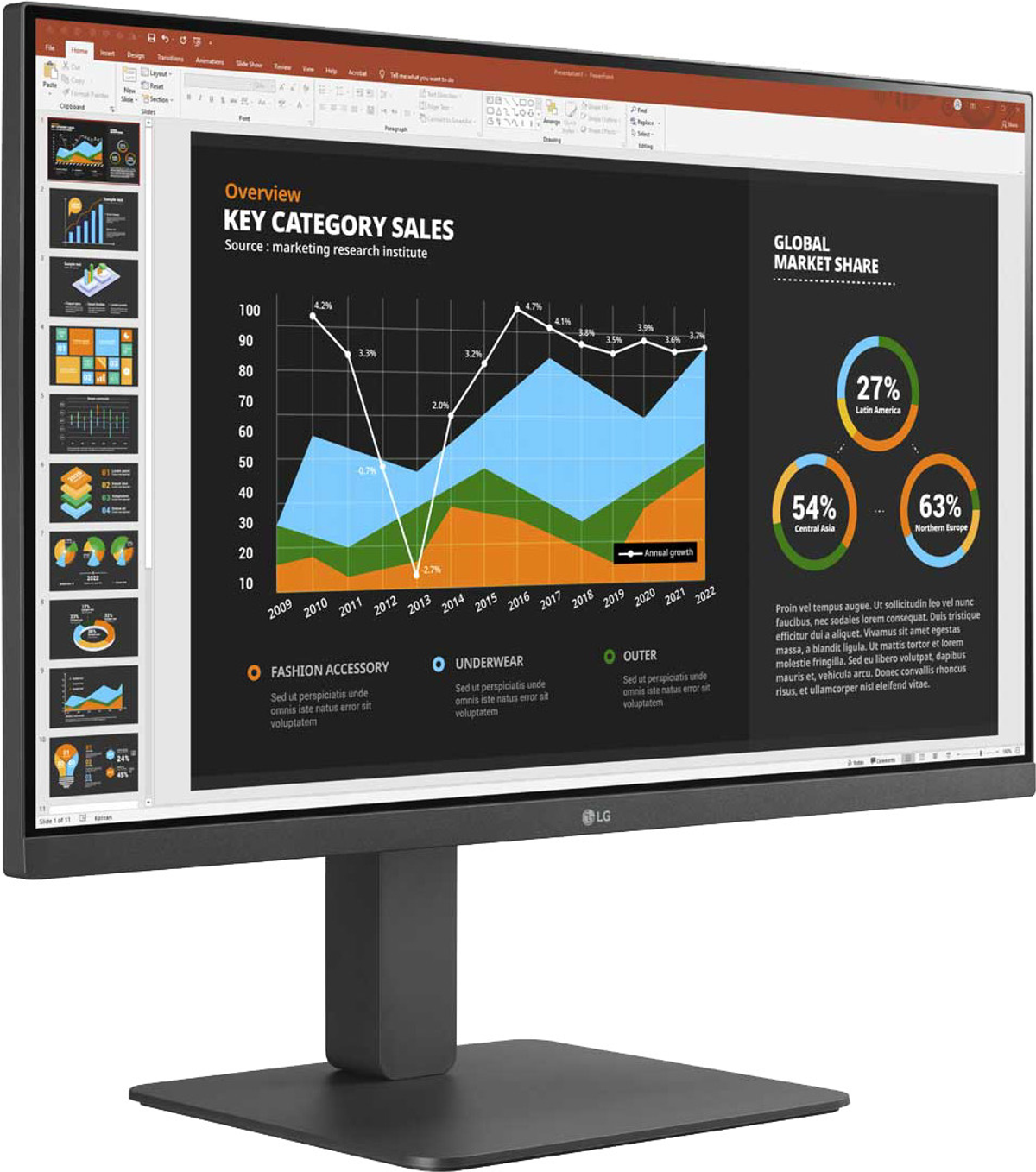 Un monitor per computer nero che mostra grafici e diagrammi aziendali. Supporto e base neri.