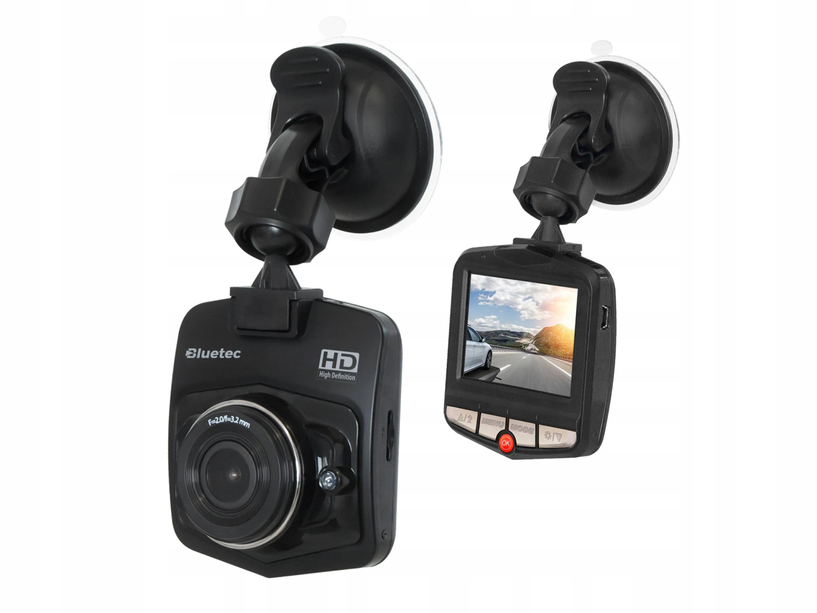 Zwei Dashcams, die an einer Oberfläche befestigt sind. Eine zeigt die Vorderseite, die andere den Bildschirm.