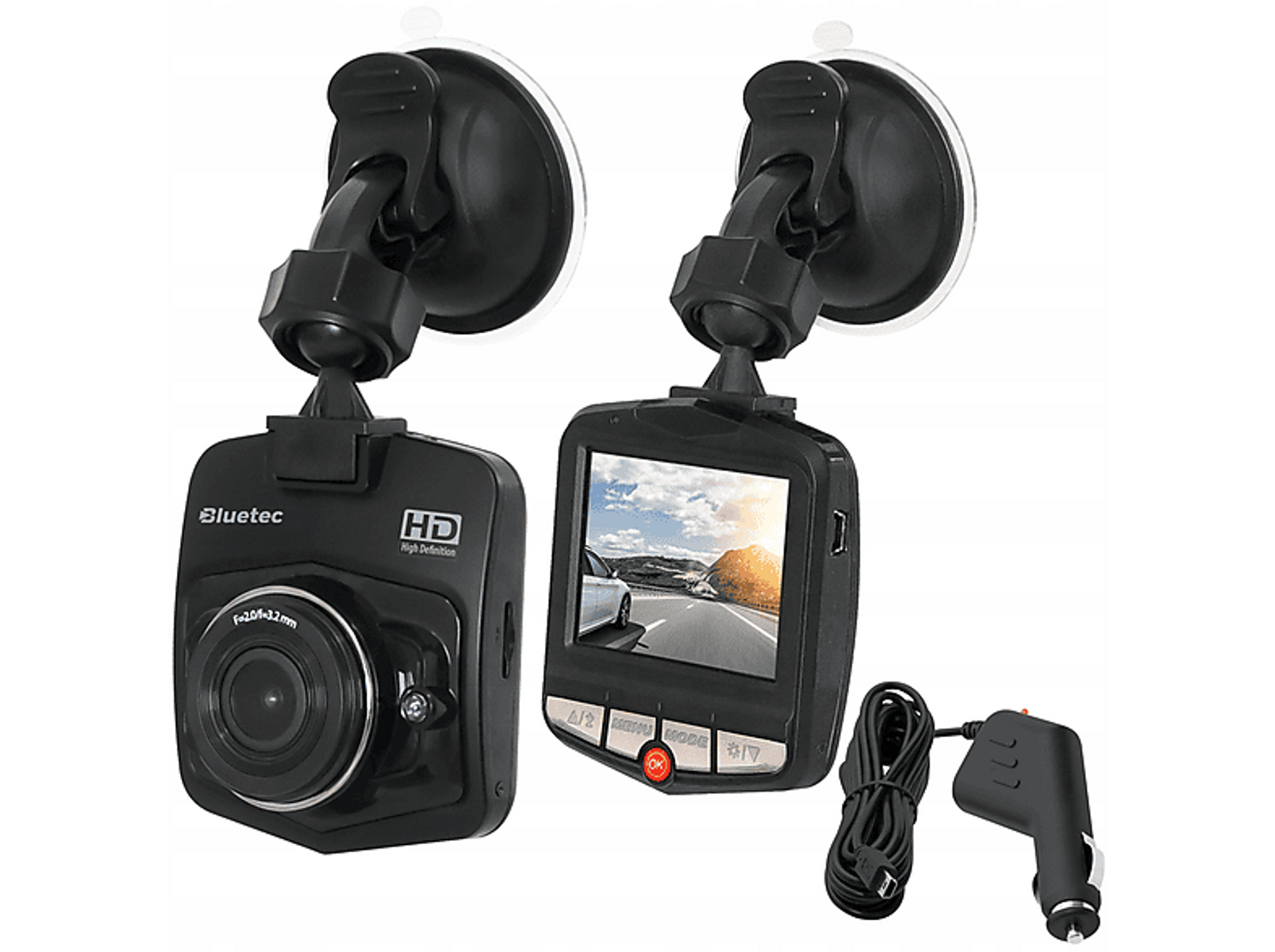 Schwarze Auto-Dashcams mit Saugnäpfen und Kabeln.