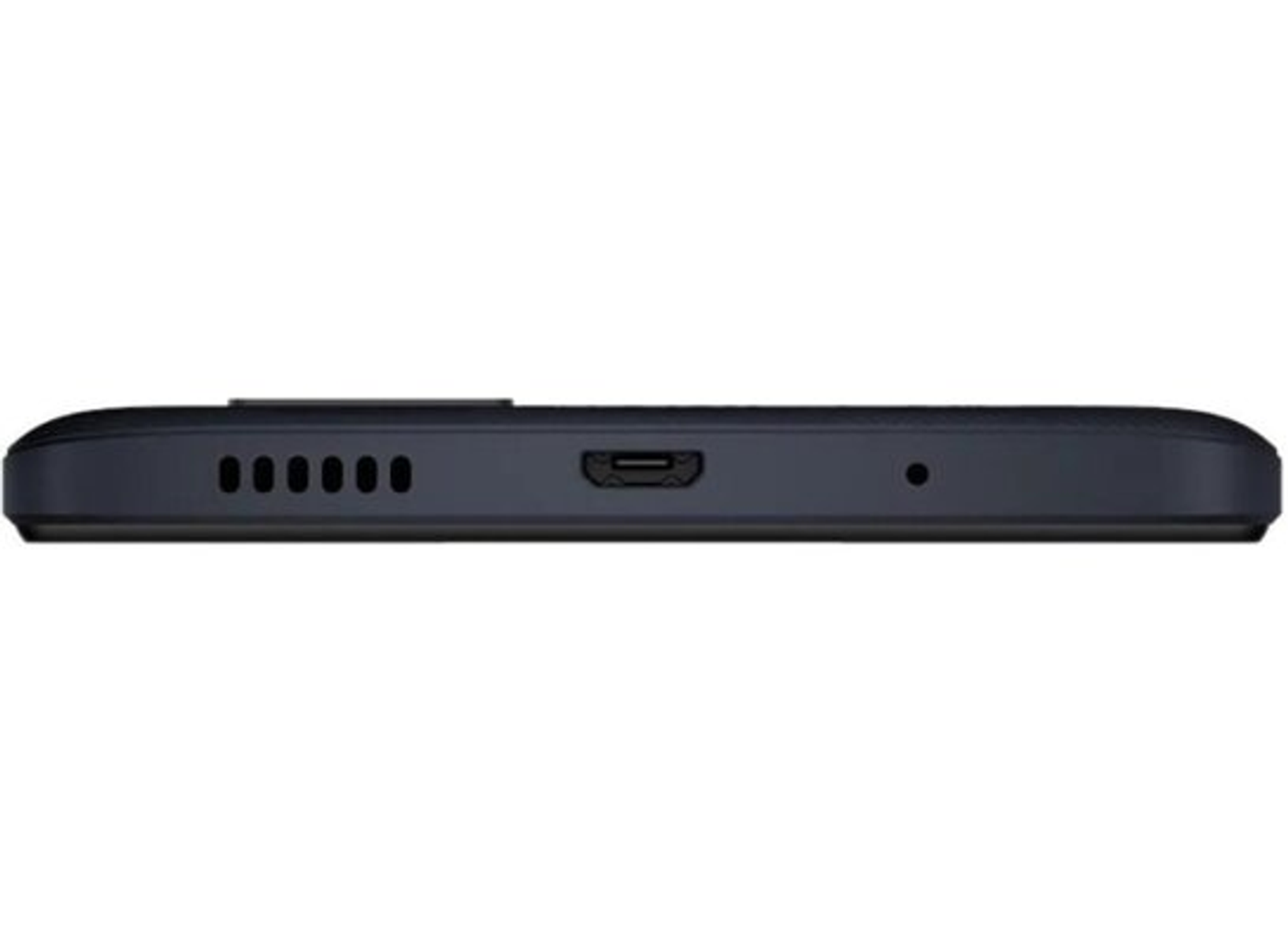 Onderkant van een donkere smartphone met poorten en gaten.