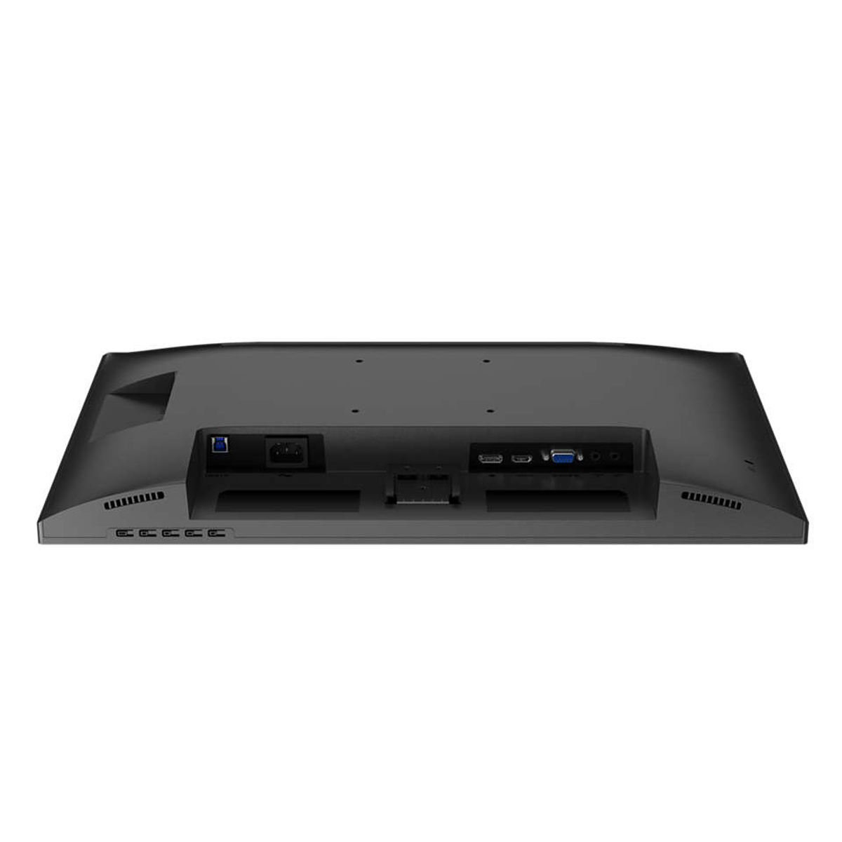 Retro di un monitor con varie porte. Le porte includono alimentazione, HDMI, VGA e ingresso/uscita audio.