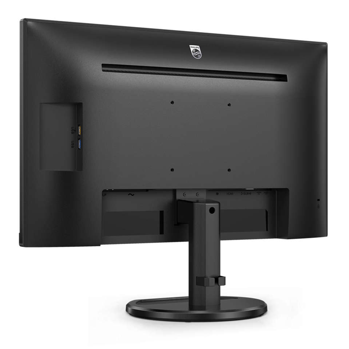 Monitor per computer nero visto da dietro. Porte e supporto visibili. Logo Philips in alto. Porte USB mostrate.