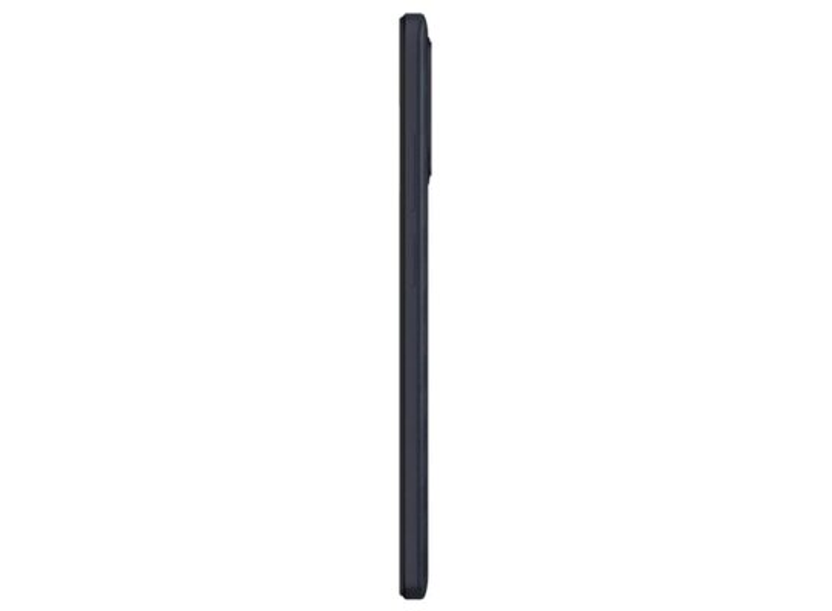 Zijprofiel van een zwarte smartphone, dat de dunheid van het apparaat laat zien.