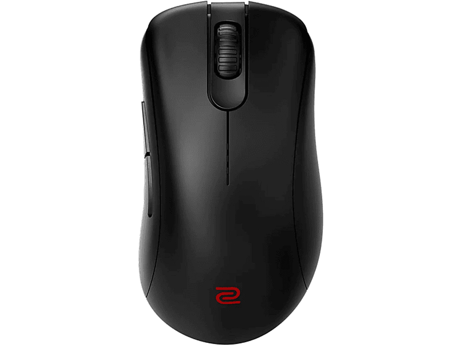 Czarna mysz komputerowa z kółkiem przewijania i logo, na ciemnym tle.