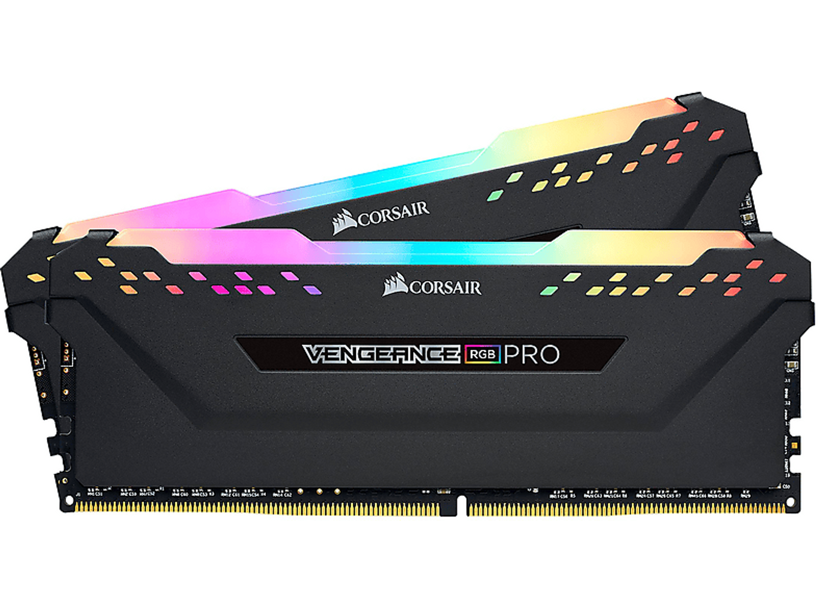 Dwa czarne paski RAM z oświetleniem RGB. Widoczny tekst Corsair Vengeance RGB Pro.