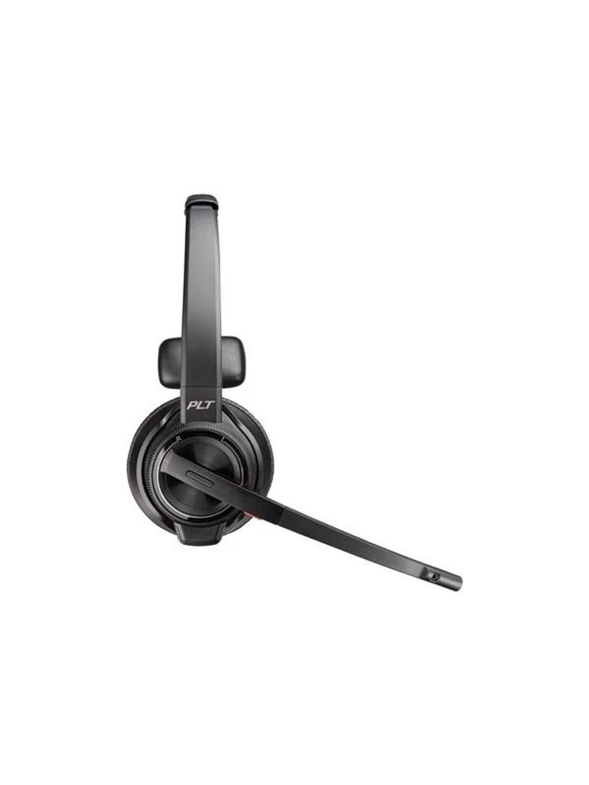 Schwarzes Plantronics Headset mit Mikrofon, auf weißem Hintergrund.