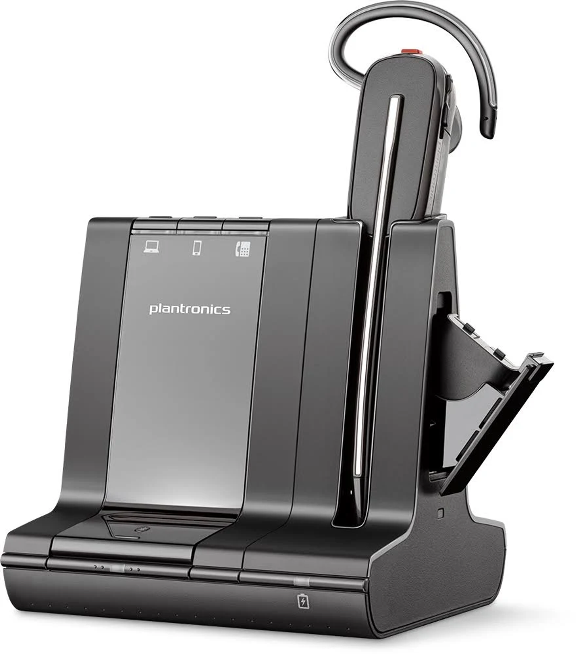 Schwarze Plantronics Headset-Basis und Headset. Die Basis hat mehrere Funktionstasten und einen Ladeanschluss.