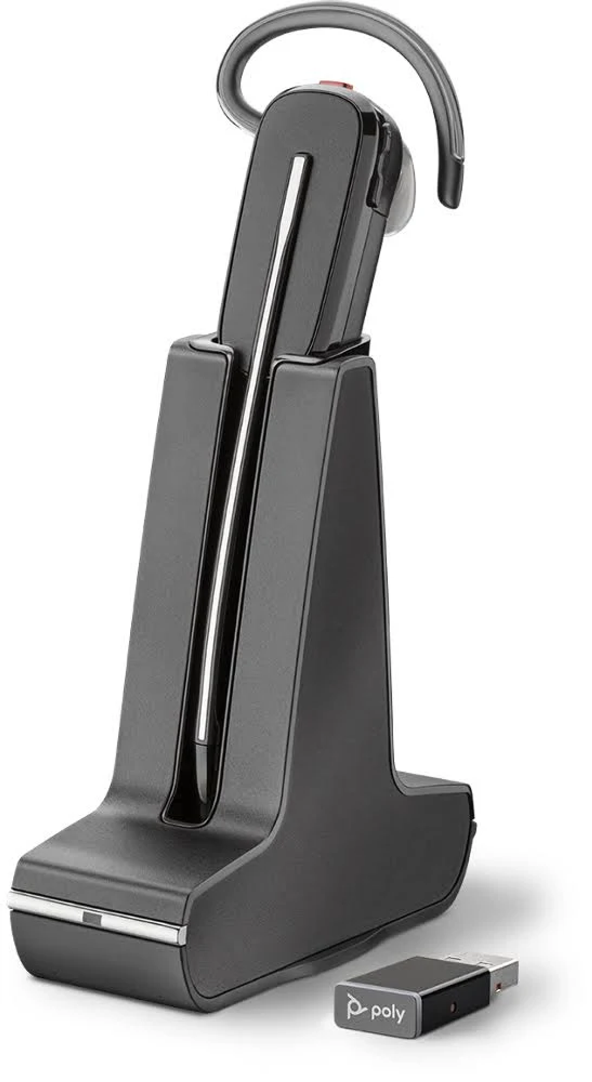 Schwarzes Headset mit Ladestation. Die Basis hat einen USB-Dongle und einen Ladeschacht.