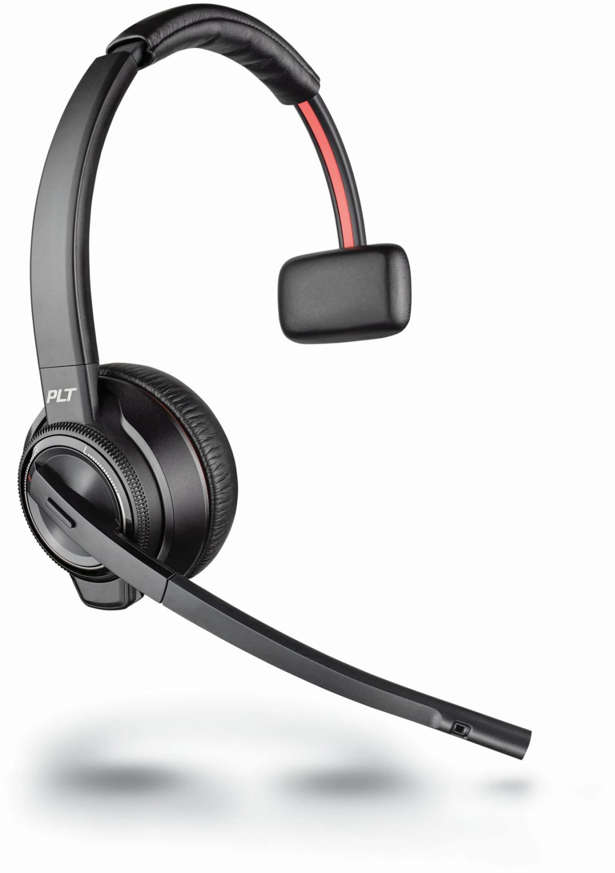 Ein schwarzes Plantronics-Headset mit Mikrofon. Es ist vor weißem Hintergrund.