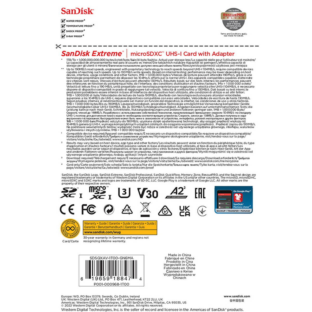 Karta microSD Sandisk Extreme z adapterem. Białe tło. Tekst w wielu językach.