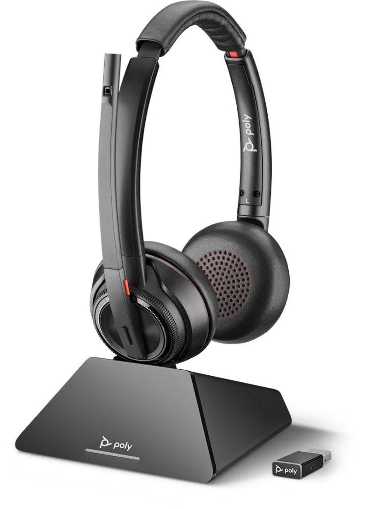 Schwarzes drahtloses Headset mit Ladestation. Ein USB-Dongle ist enthalten.