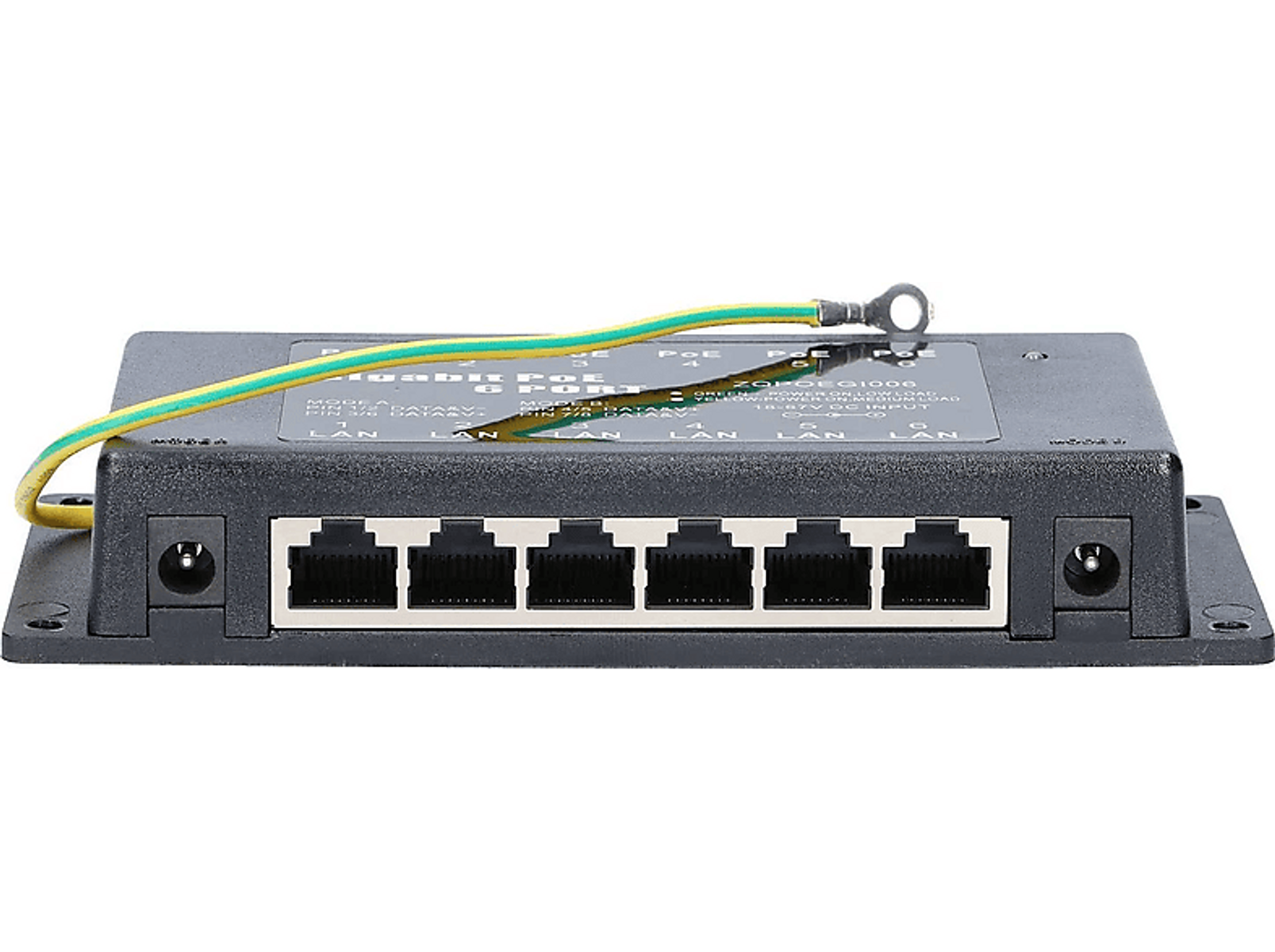 Schwarzer Netzwerk-Switch mit mehreren Anschlüssen und Erdungskabel.