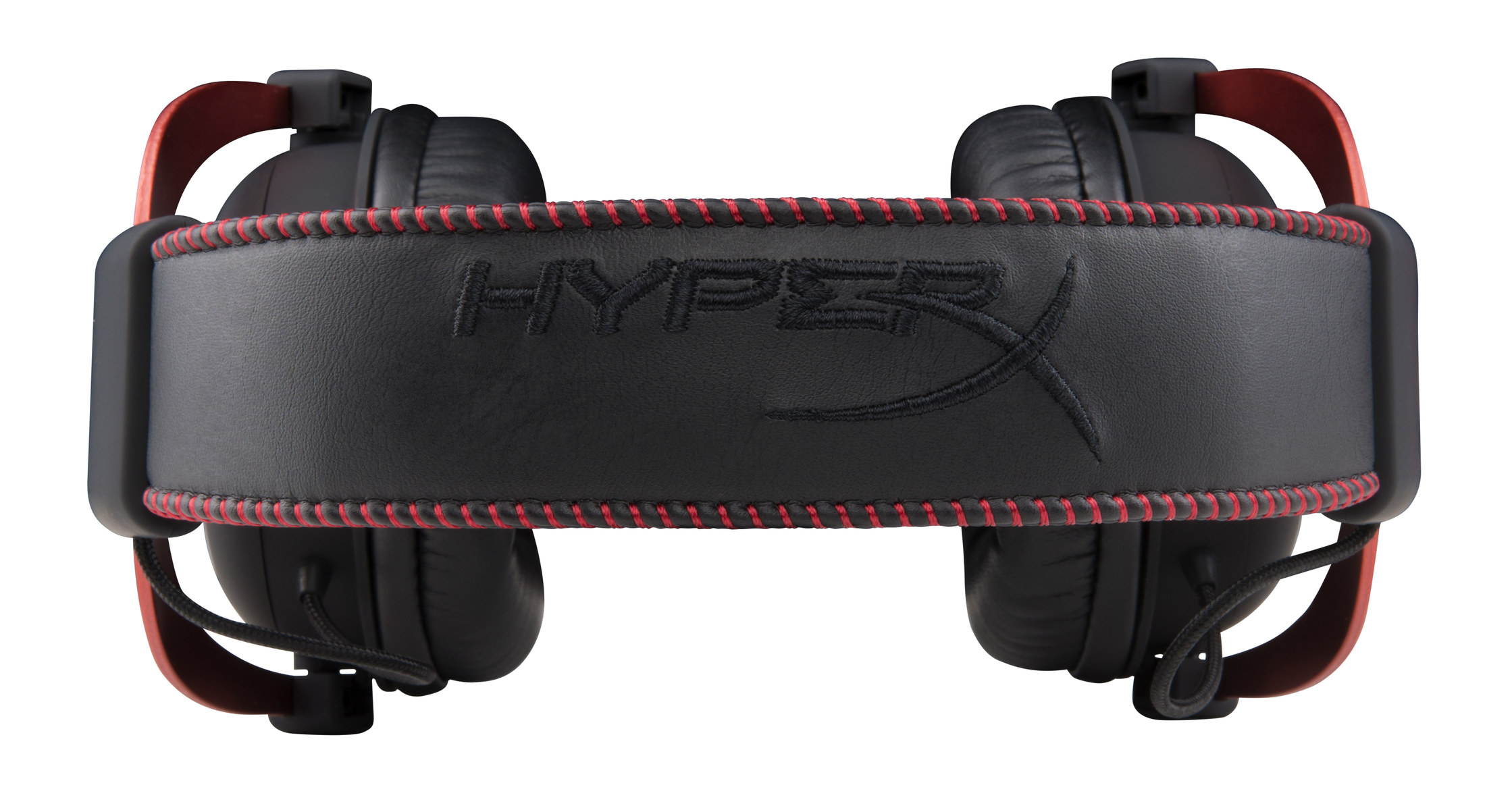 Cuffie da gioco HyperX nere. Cuciture rosse sull'archetto, padiglioni neri. Logo HyperX visibile.