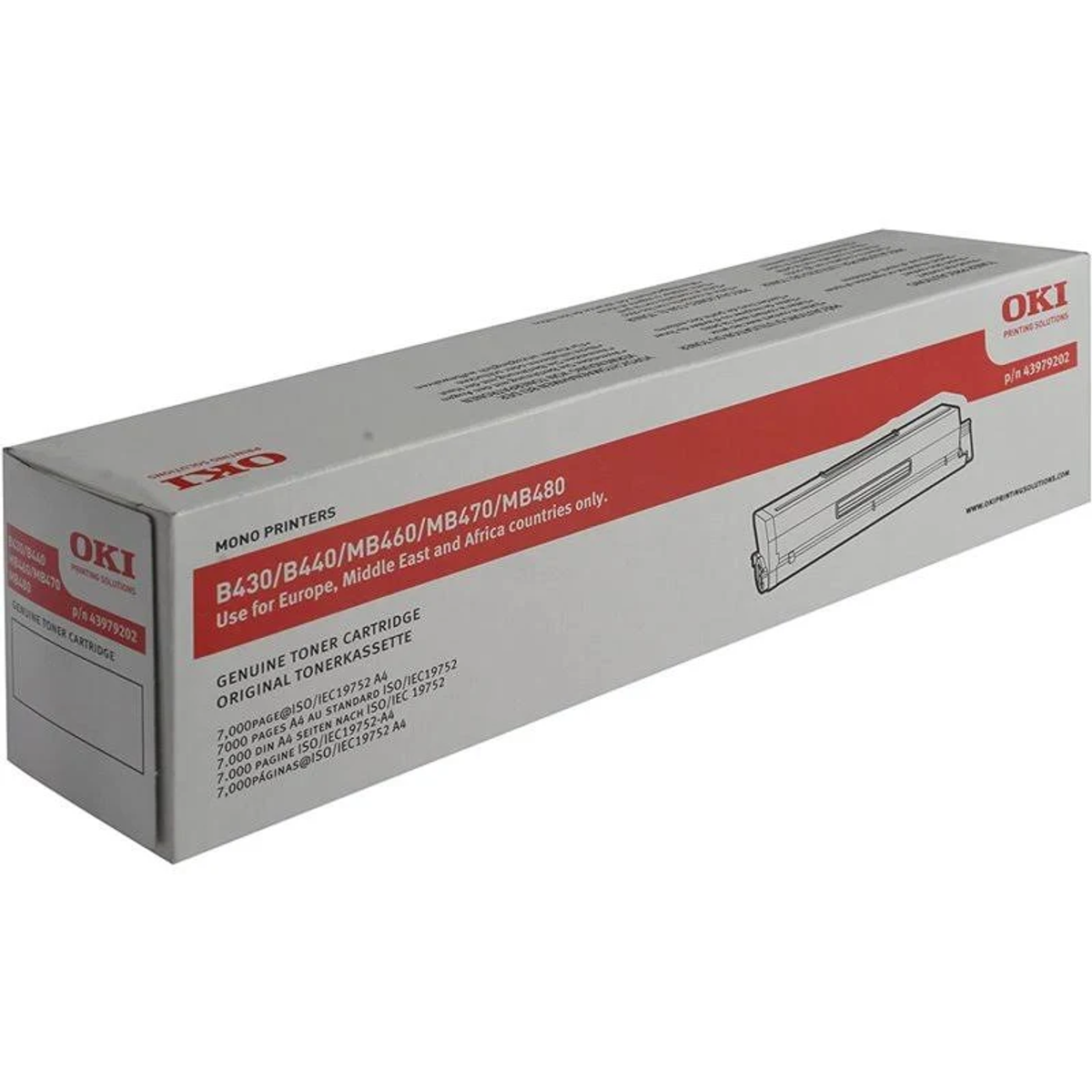 Pudełko z tonerem OKI. Jest białe z czerwonym tekstem. Pudełko zawiera informacje o wkładzie z tonerem.