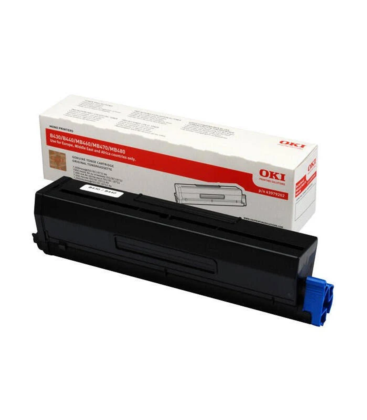 Czarny wkład z tonerem i pudełko z marką OKI, na białej powierzchni.