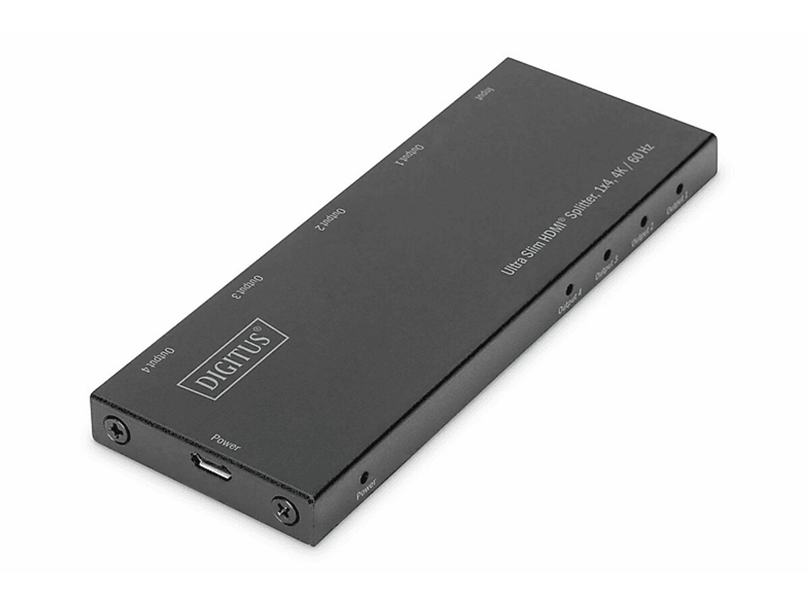 Schwarzer HDMI-Splitter mit vier Ausgangsanschlüssen. Das Wort Digitux ist oben sichtbar.