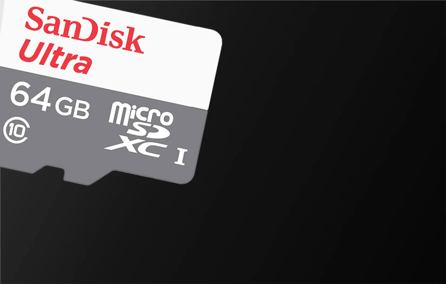 Sandisk Ultra 64GB microSDXC I Karte auf schwarzem Hintergrund. Weiße und graue Farben.