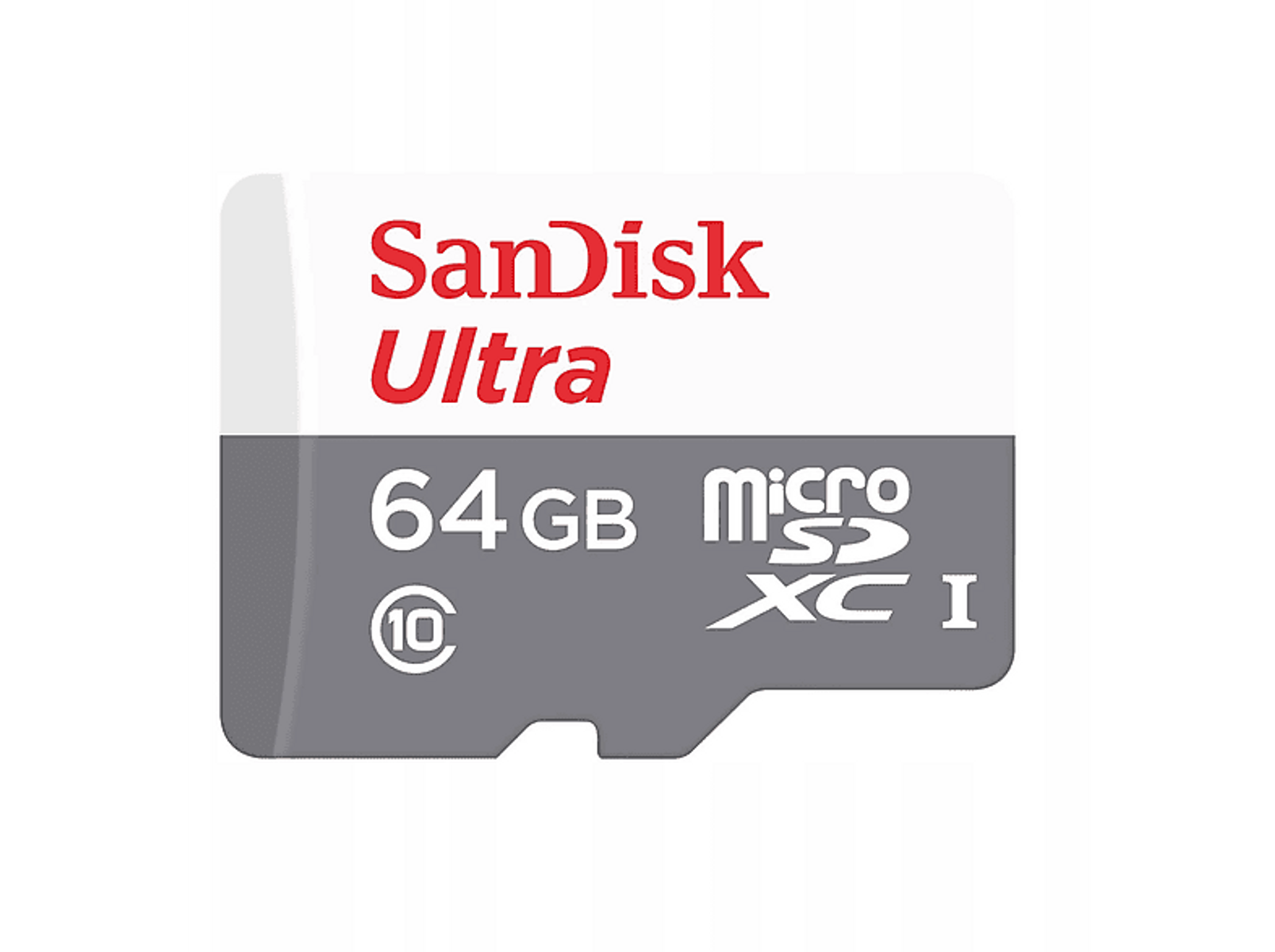 SanDisk Ultra 64GB microSDXC-Karte. Die Karte ist grau und weiß, mit rotem Text.