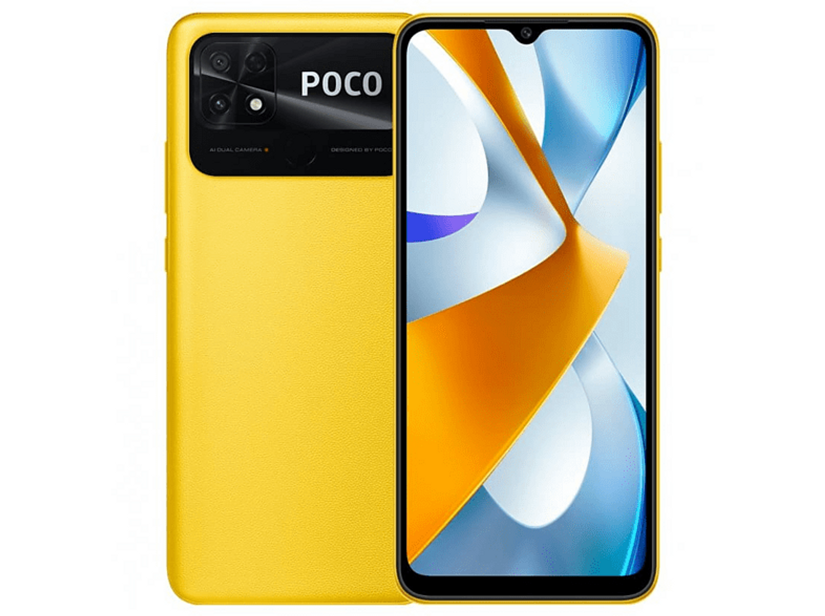 Gelbes Smartphone, das die Rückseite und Vorderseite zeigt. Schwarzes Kameramodul und POCO-Logo.