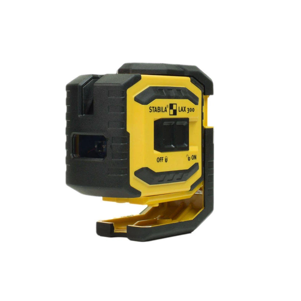 Livella laser gialla e nera. Ha pulsanti e un'etichetta STABILA LAX 300.