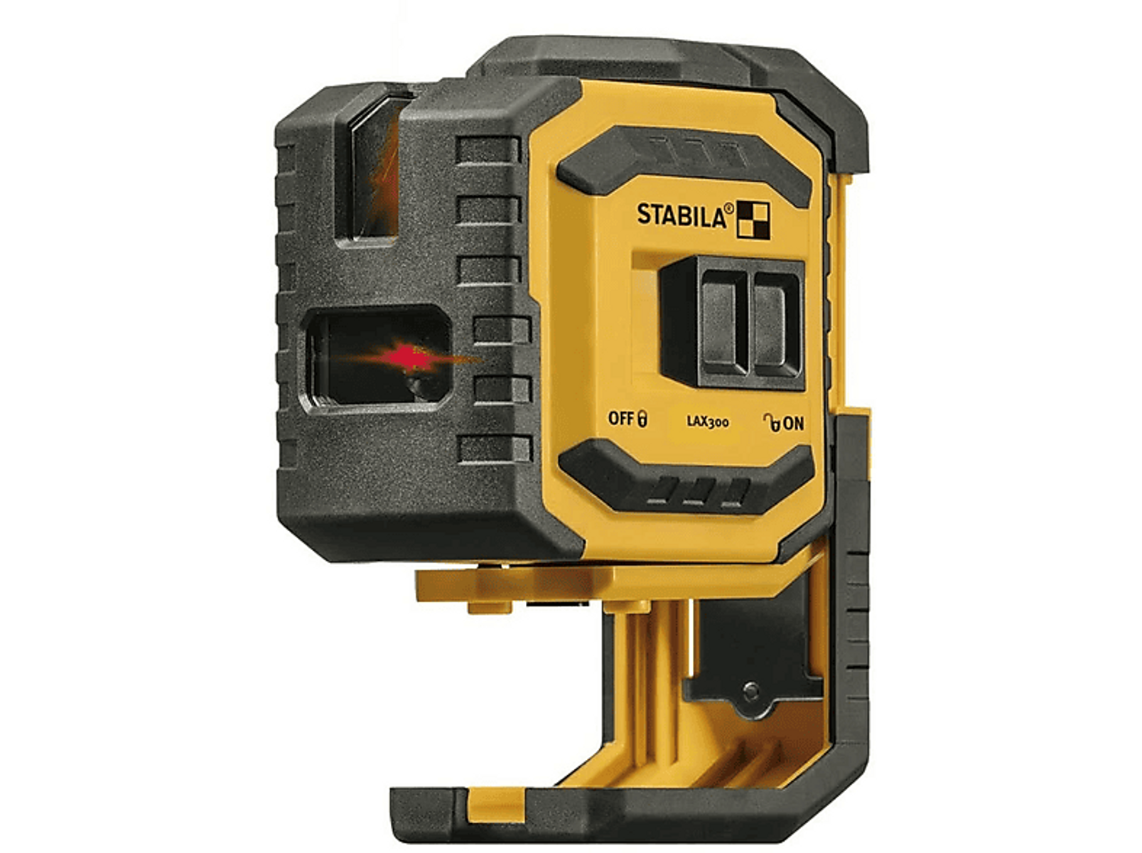 Livella laser gialla e nera. Raggio laser rosso visibile. Nero e giallo su sfondo bianco.