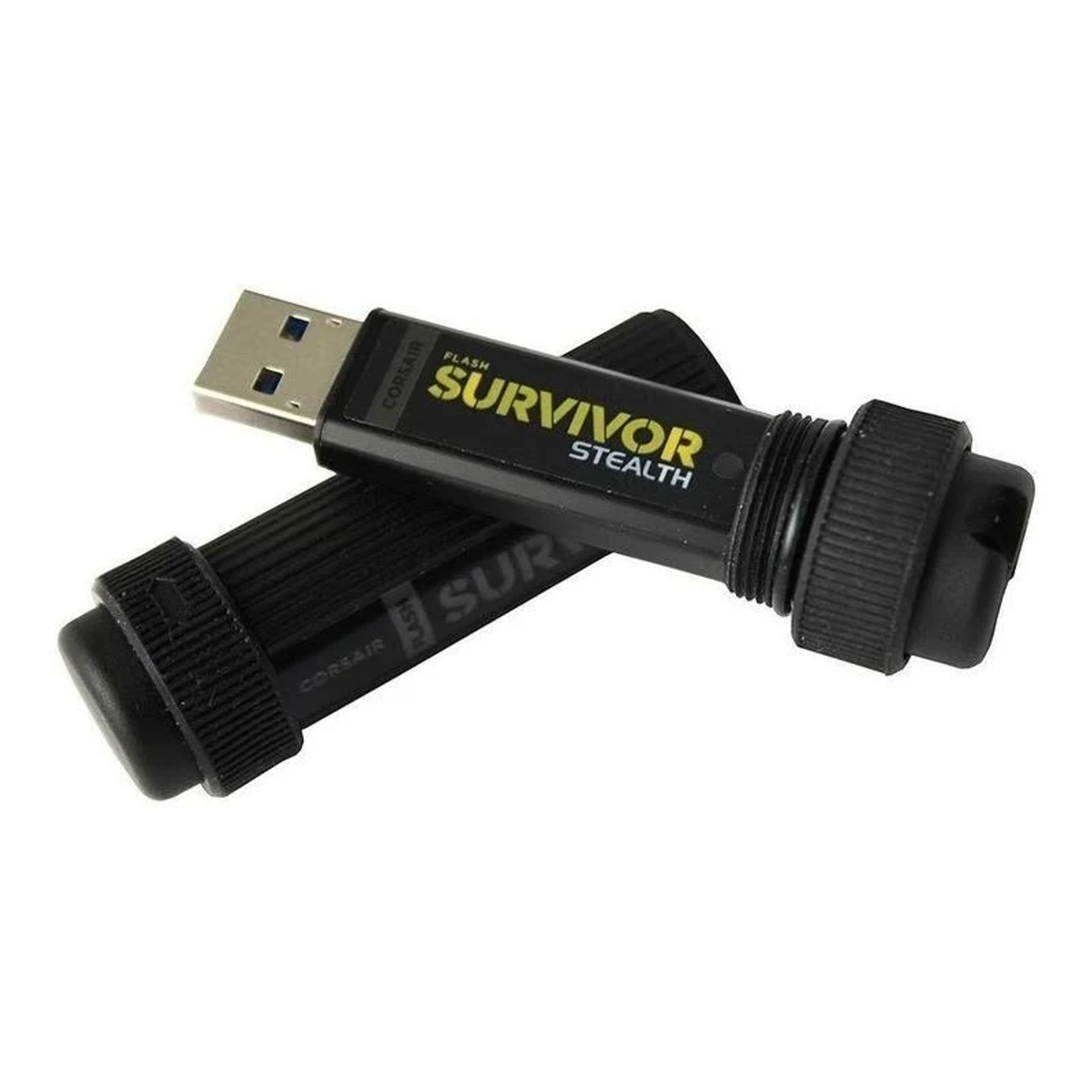 Dwa pendrive'y Corsair Survivor Stealth. Są czarne i mają zatyczkę.