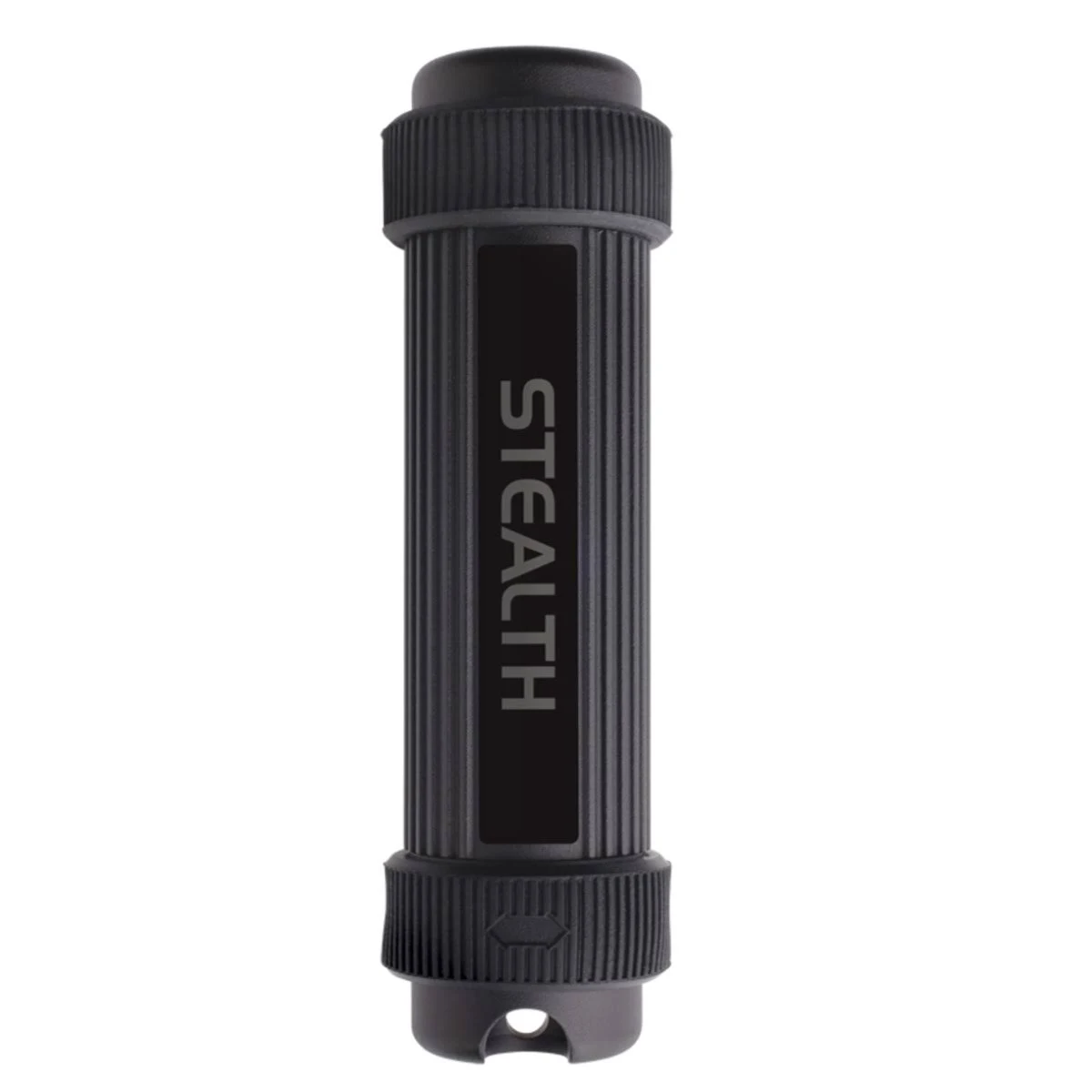 Czarny, cylindryczny przedmiot z napisem 'STEALTH'. Rowkowana góra i dół z centralnym panelem.