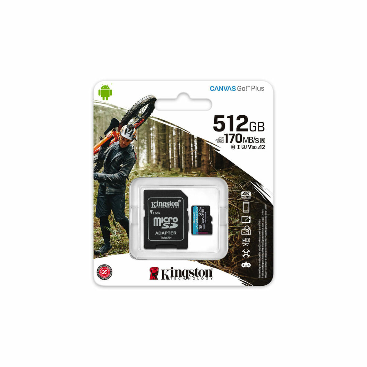 Tarjeta MicroSD y adaptador en un paquete. Ciclista en el fondo. Fondo blanco.