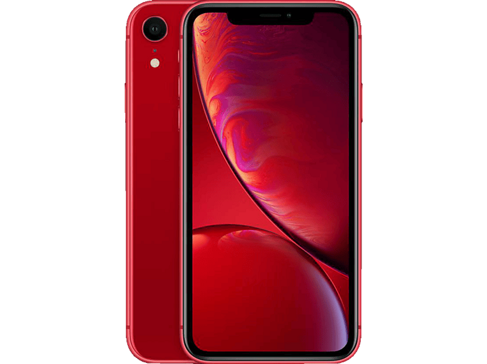 Rotes iPhone XR, Vorder- und Rückansicht. Schlankes Design auf schwarzem Hintergrund. Kamera sichtbar.