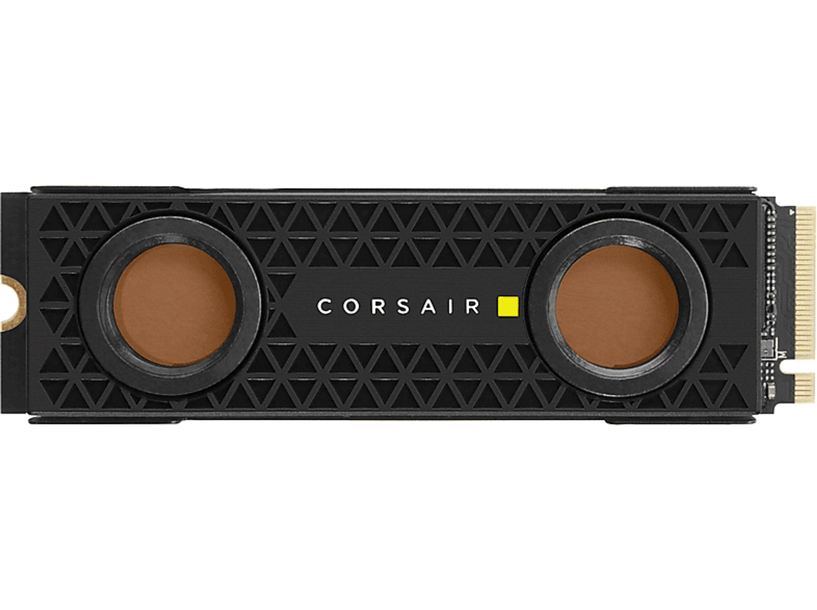 SSD Corsair nero con dettagli marroni, logo Corsair e connettore su sfondo nero.