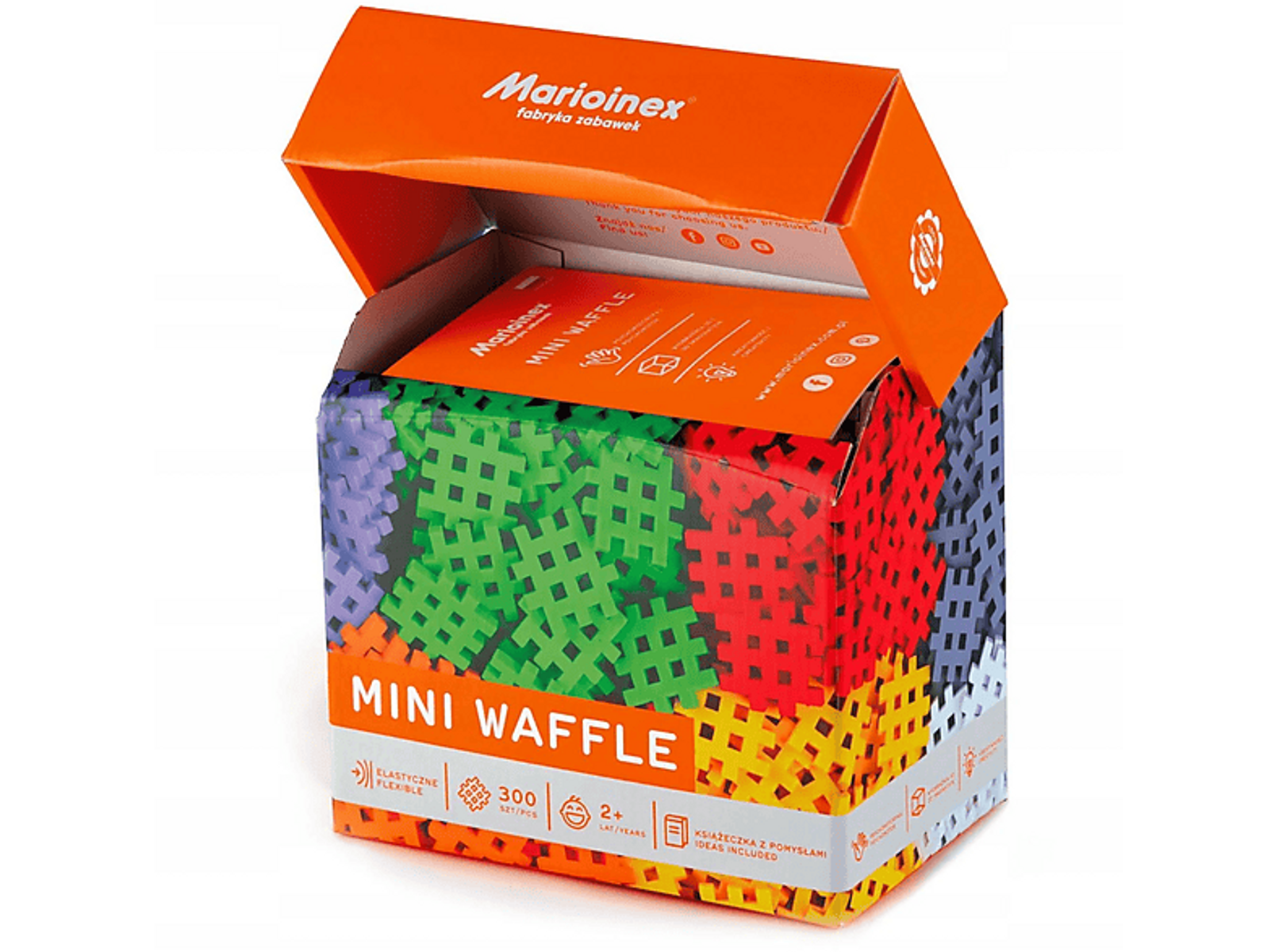 Pudełko z zabawką Mini Waffle. Kolorowe elementy w kształcie gofrów są widoczne w środku.