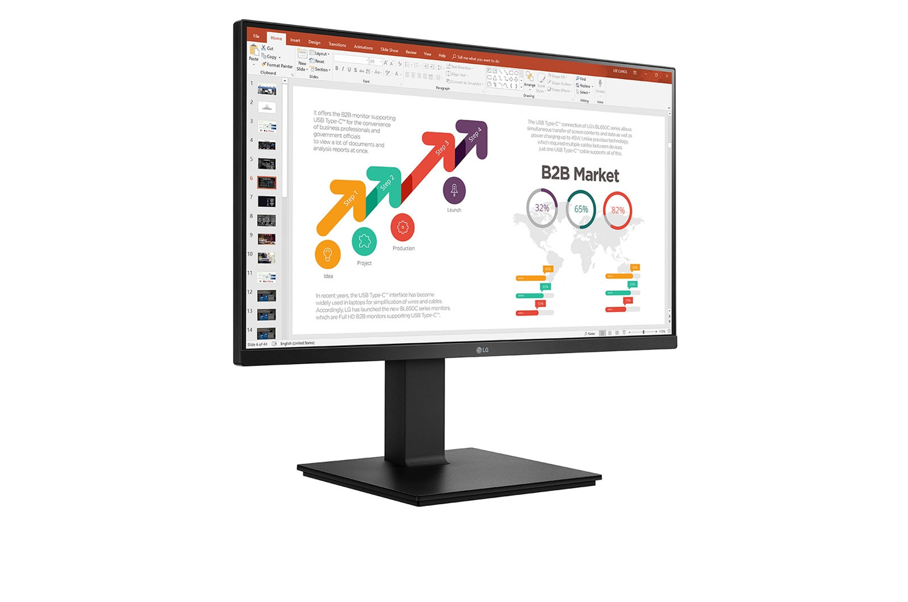 Un monitor di computer nero mostra una presentazione PowerPoint. Il monitor è su un supporto nero, isolato su bianco.