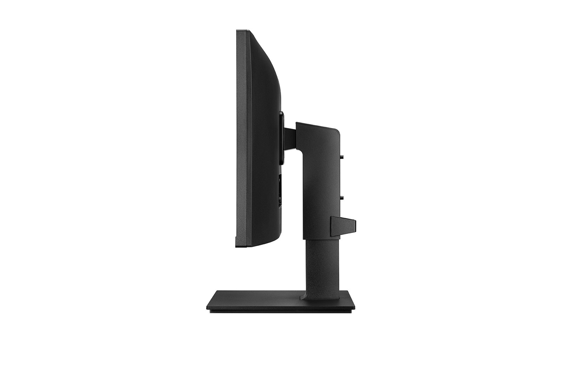 Vista laterale di un monitor nero su un supporto nero. Design pulito e minimalista.