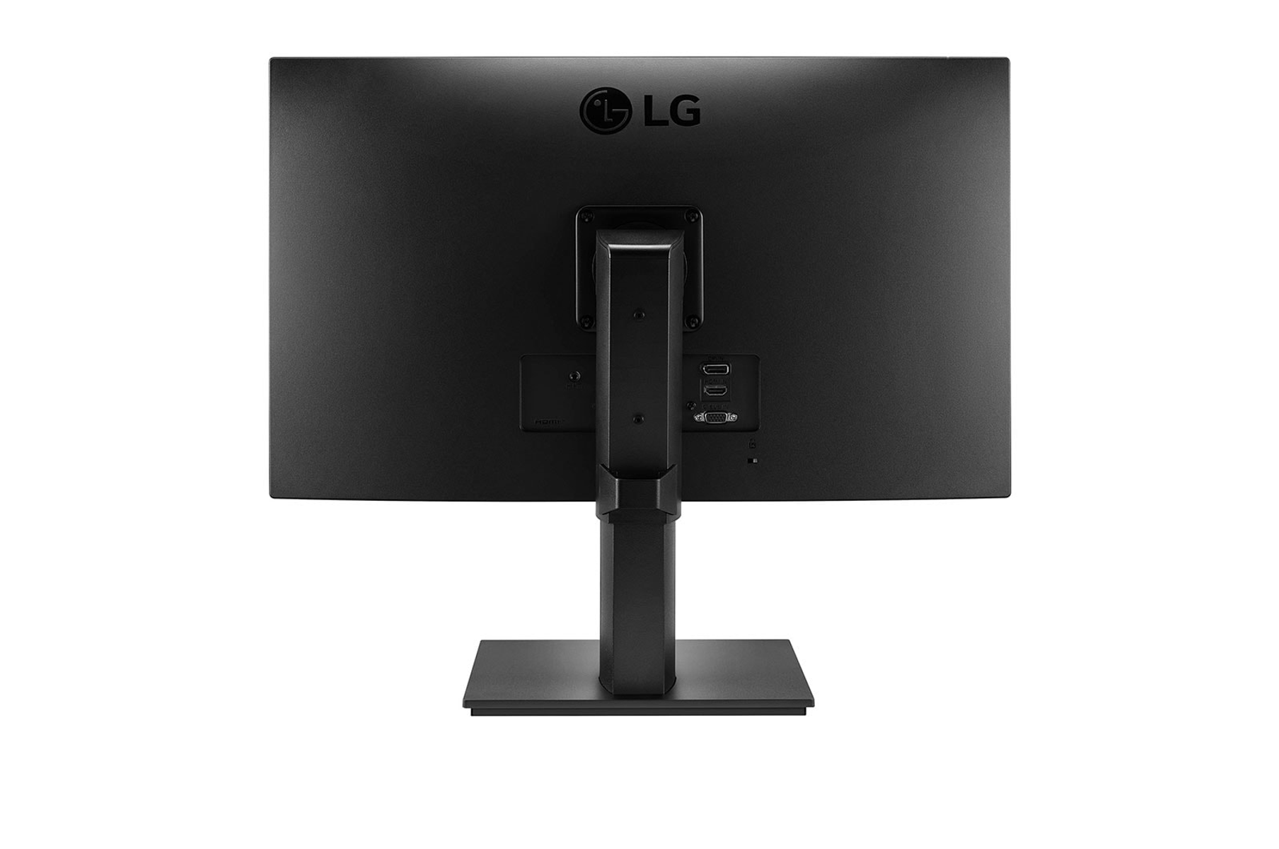 Retro del monitor LG nero. Ha un supporto, porte e il logo LG.