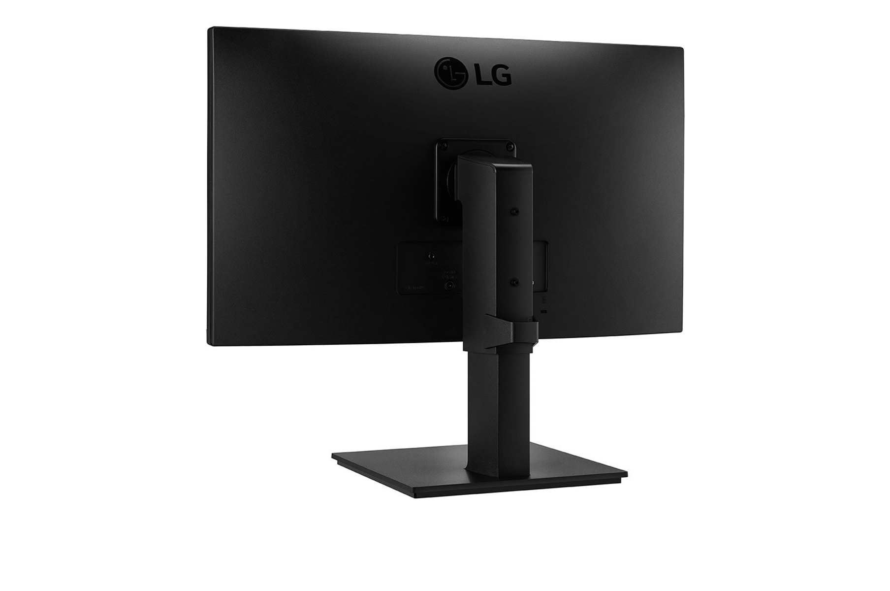 Monitor LG nero, vista posteriore, con supporto e porte su sfondo bianco.