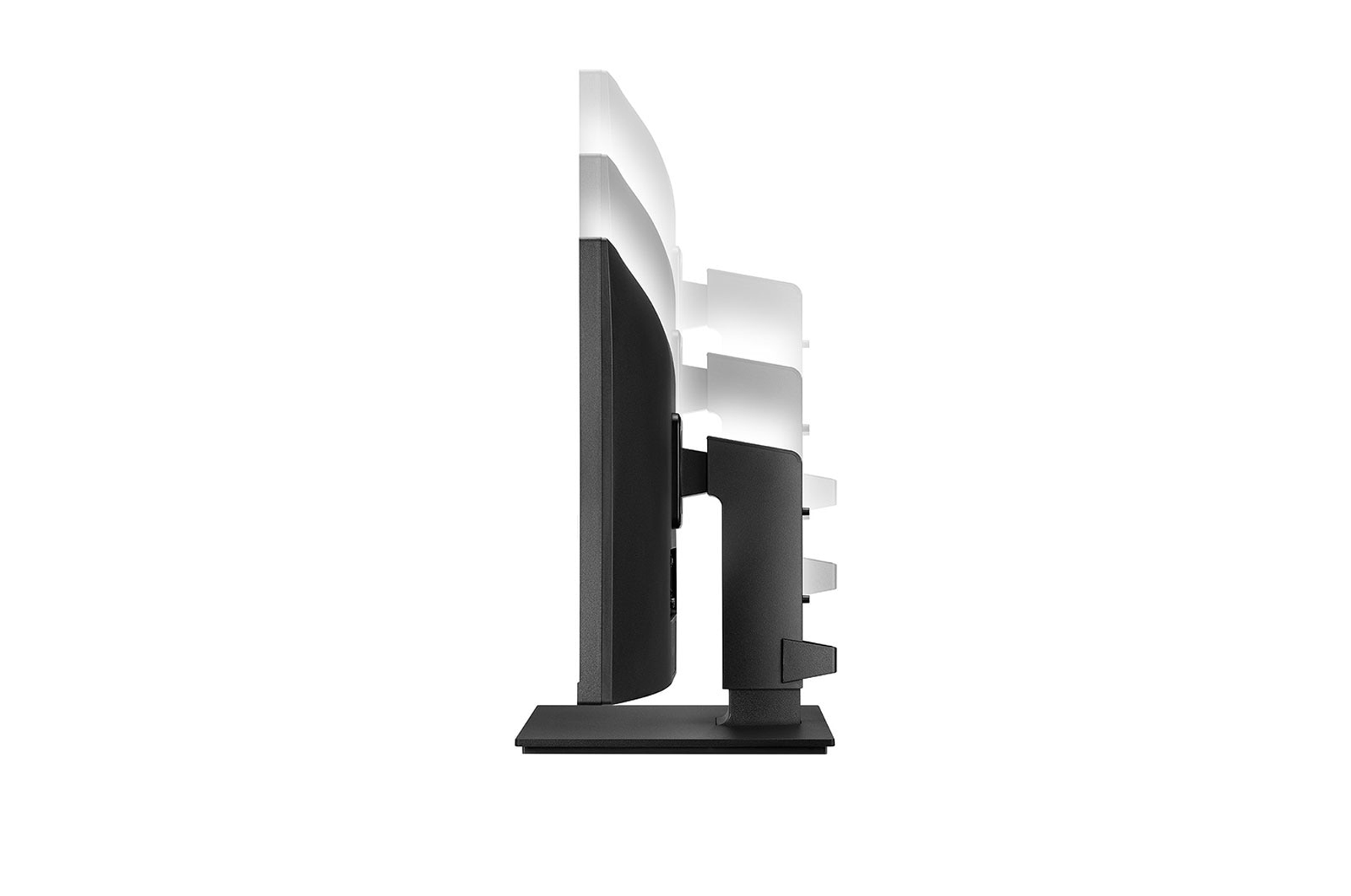 Monitor LG nero, vista laterale, con supporto regolabile. Sfondo bianco.