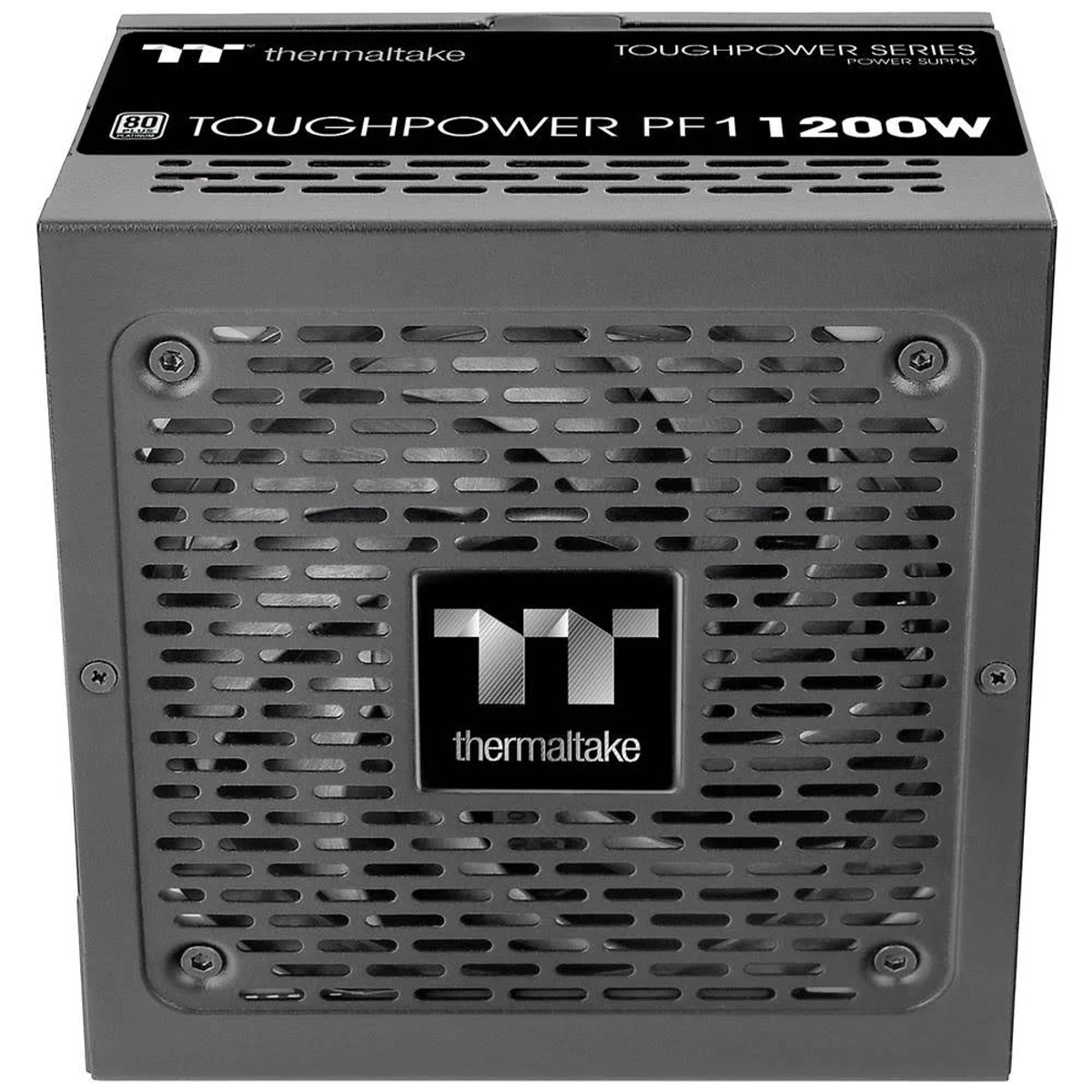 Czarny zasilacz Thermaltake Toughpower PF1 1200W z perforowaną osłoną przednią.