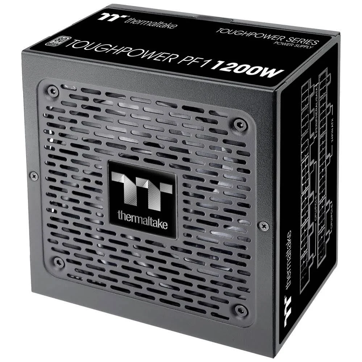 Czarny zasilacz Thermaltake Toughpower PF1 1200W, wzór kratki i branding.