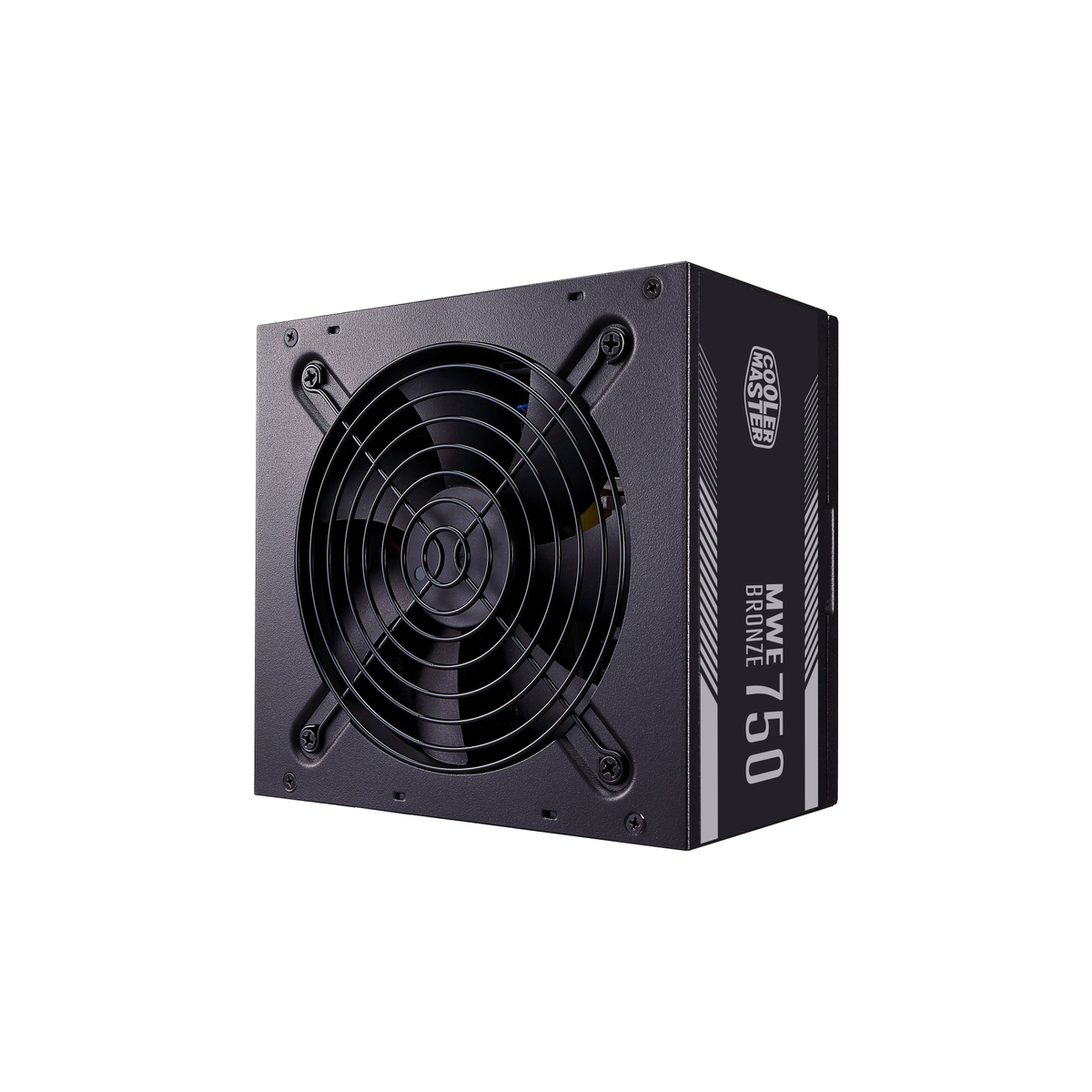 Een zwarte Cooler Master MWE Bronze 750 voeding, met een ventilator en merkdetails aan de zijkant.