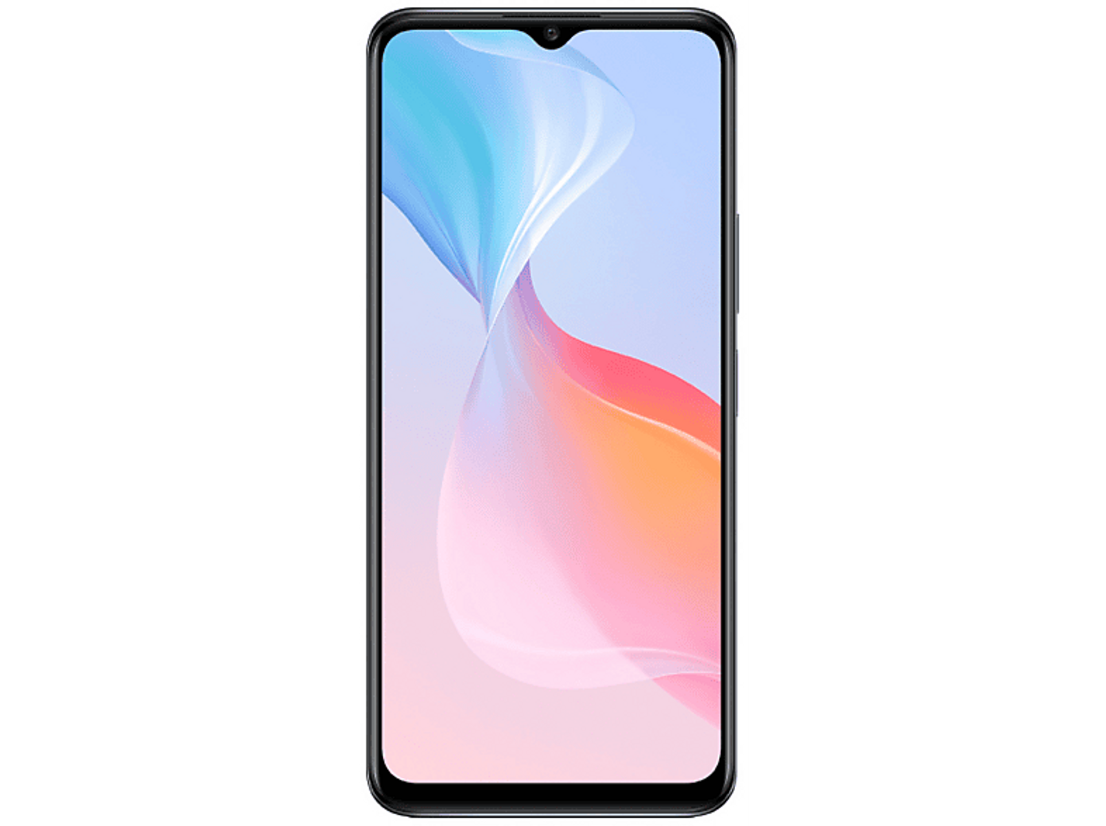 Uno smartphone, cornice nera, con uno schermo che mostra un design astratto colorato.