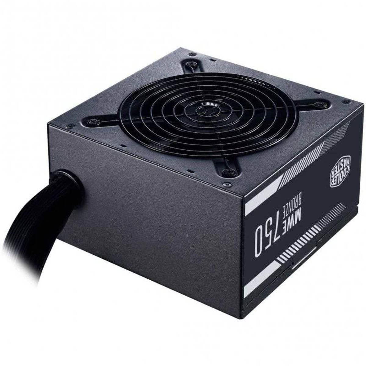 Zwarte voedingseenheid met een ventilator. Het heeft een zwarte kabel. De eenheid is zwart met witte tekst.
