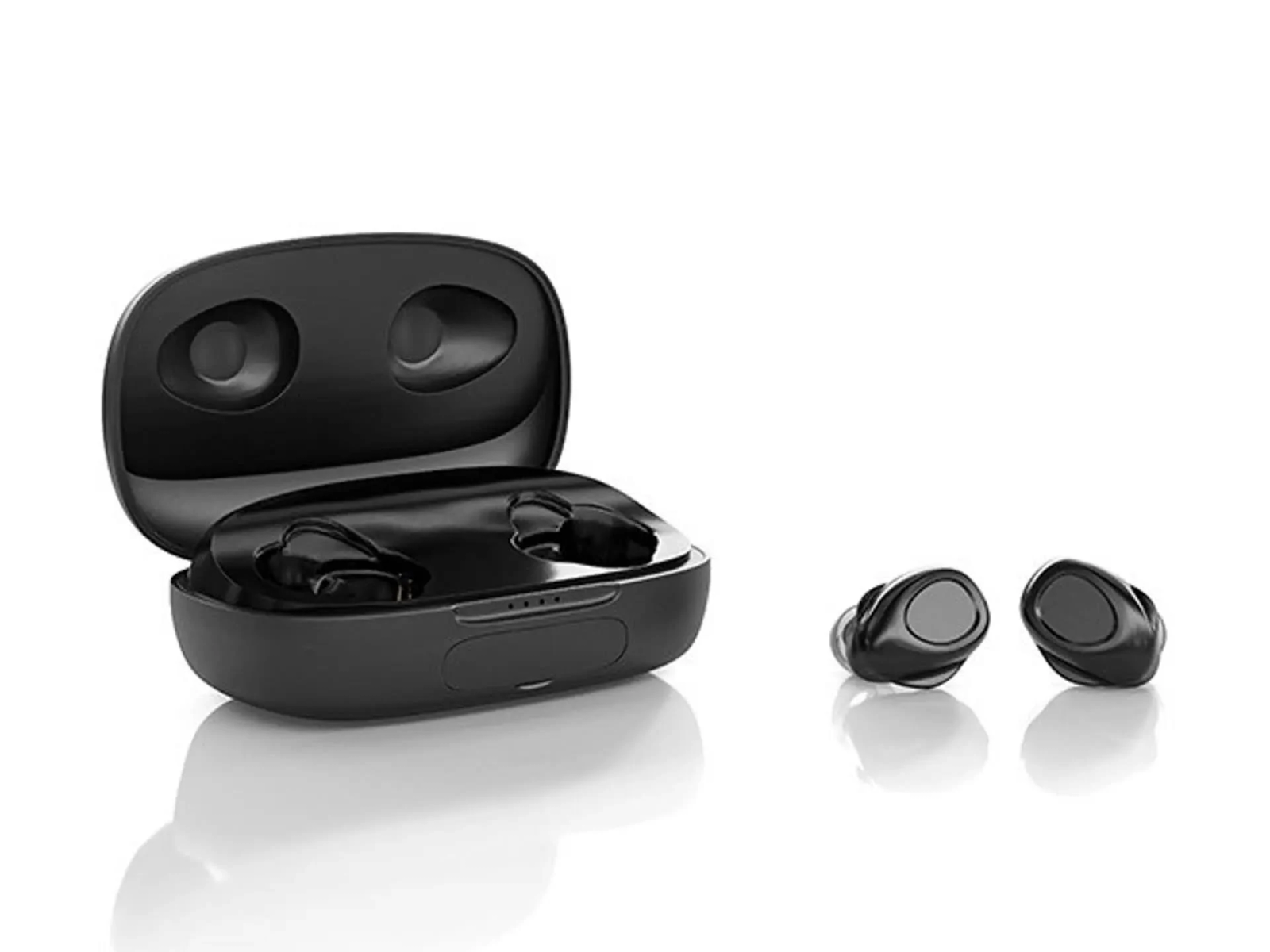 Auricolari wireless neri in una custodia di ricarica, con due auricolari separati a destra.