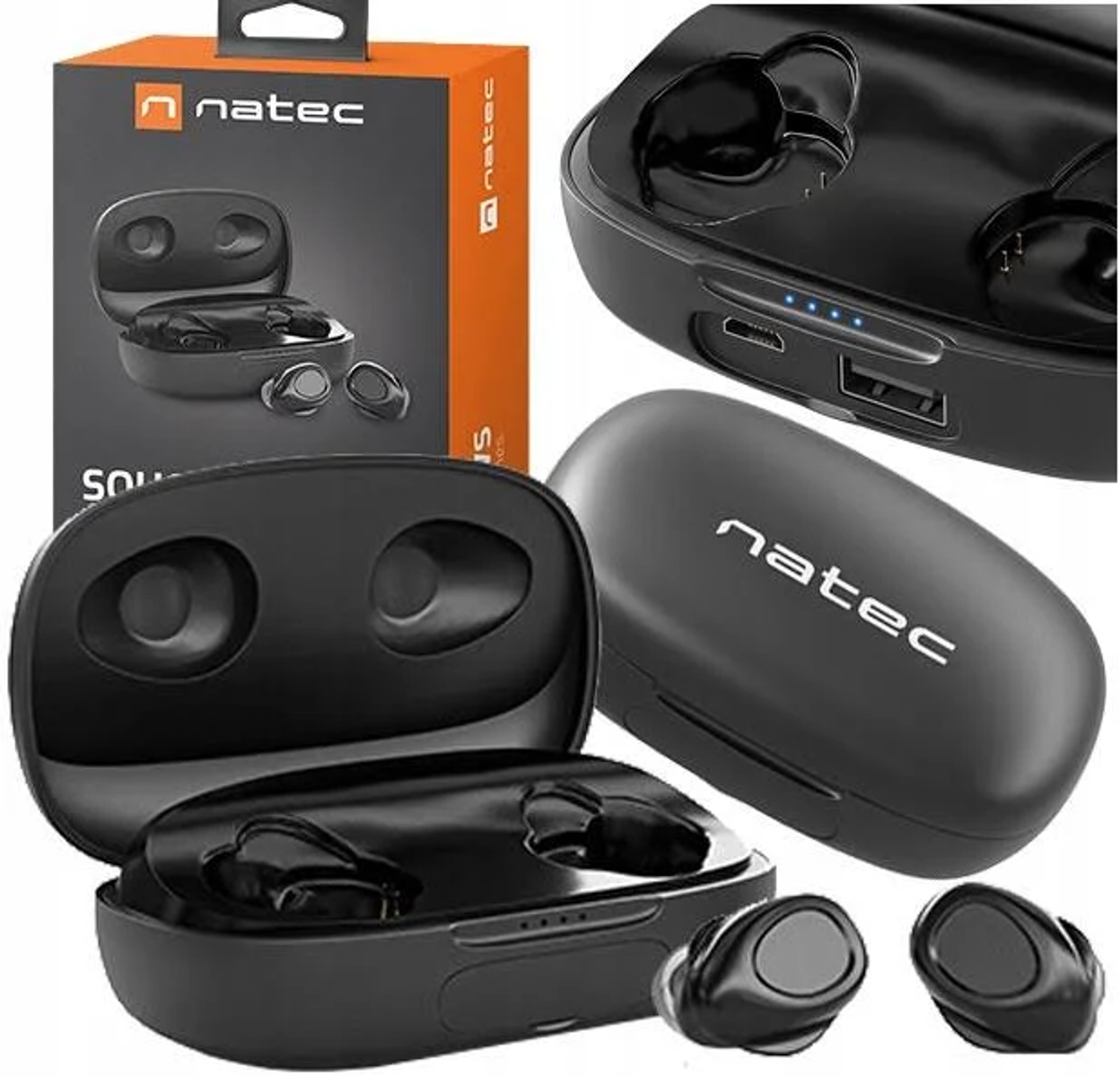 Auricolari wireless Natec neri con custodia di ricarica. Auricolari nella custodia, porta di ricarica e scatola a sinistra.