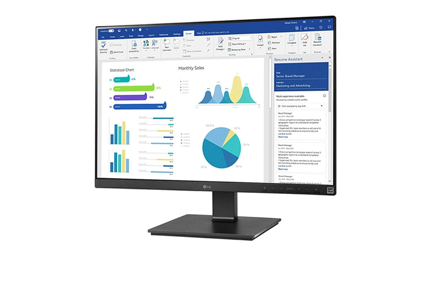 Monitor nero che mostra grafici. Sfondo bianco. Logo LG.