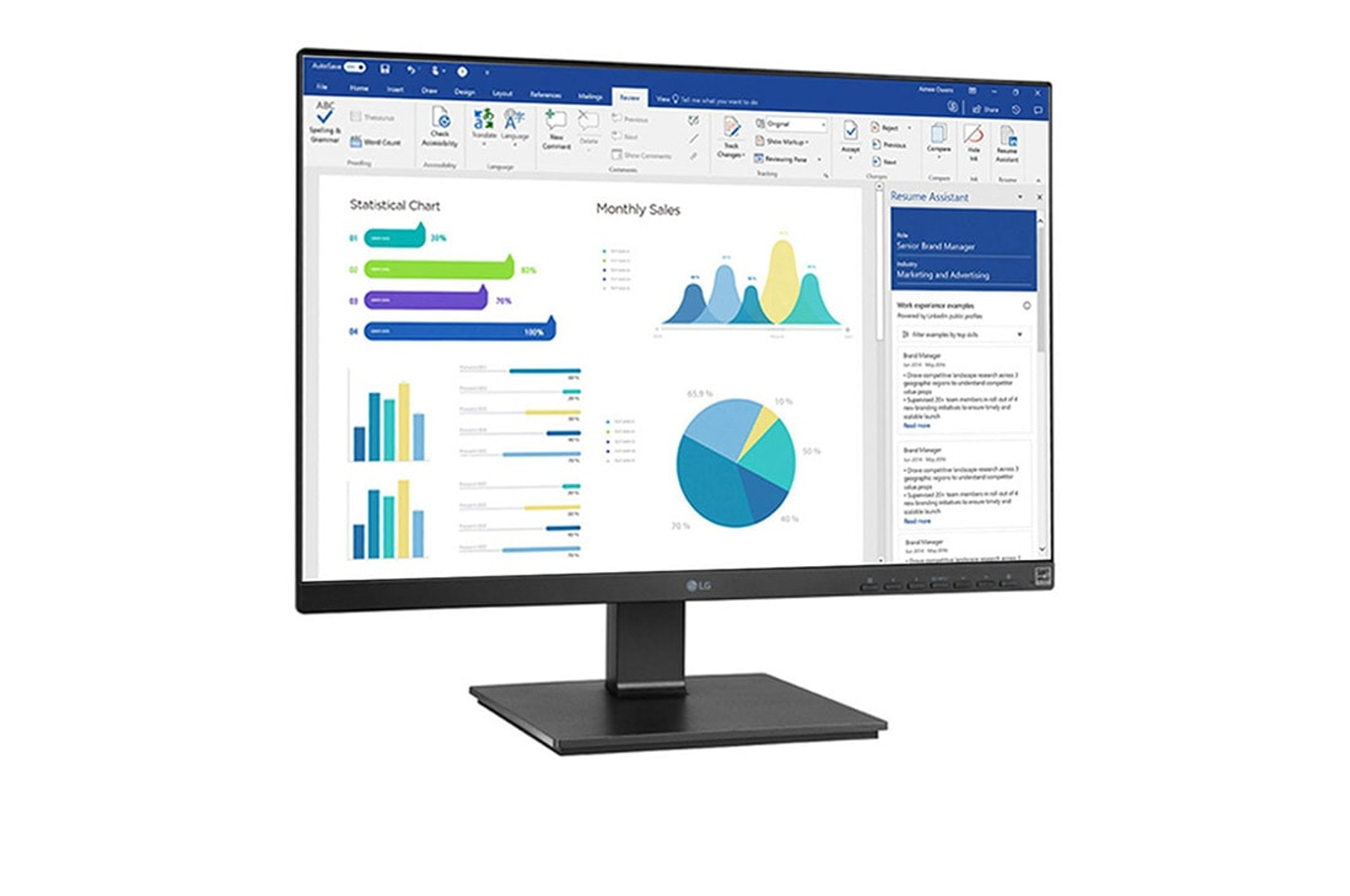 Monitor LG che mostra un foglio di calcolo e grafici. Il monitor è su un supporto.