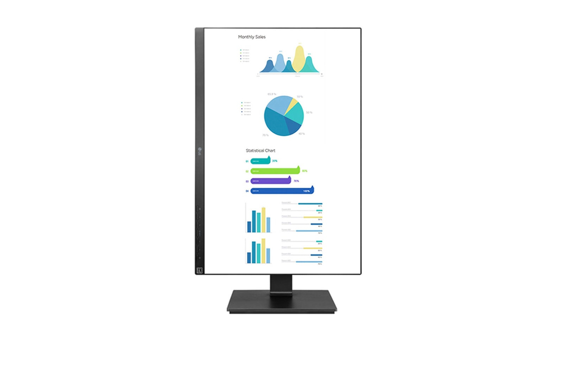 Monitor nero che mostra grafici e tabelle. Sfondo bianco. Visualizzazione dei dati.