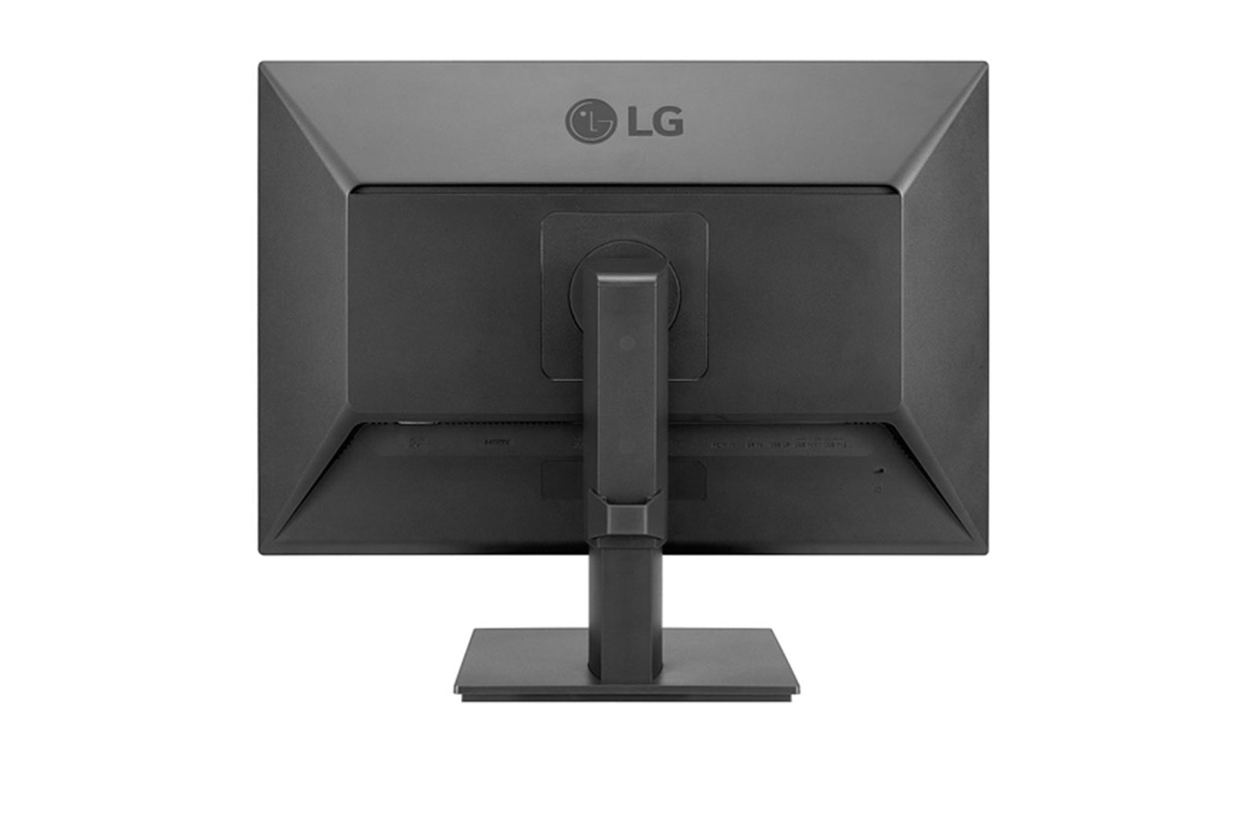 Retro di un monitor per computer nero con supporto e logo LG.
