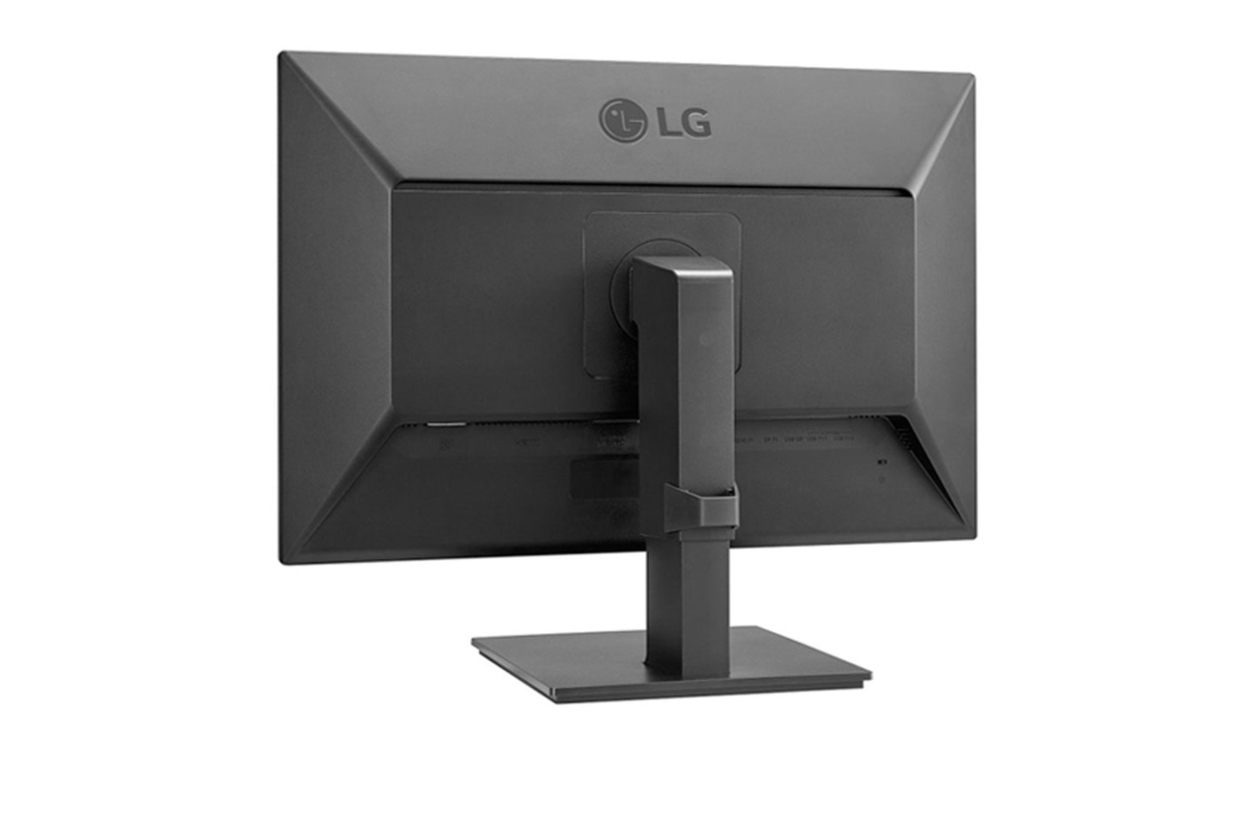 Vista posteriore di un monitor LG nero su un supporto. Sfondo bianco.